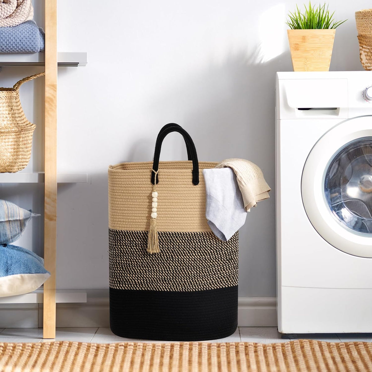 Woven Laundry Basket for Clothes, 65L Large Rectangle Laundry Hampers with Beads Tassel, Nursery