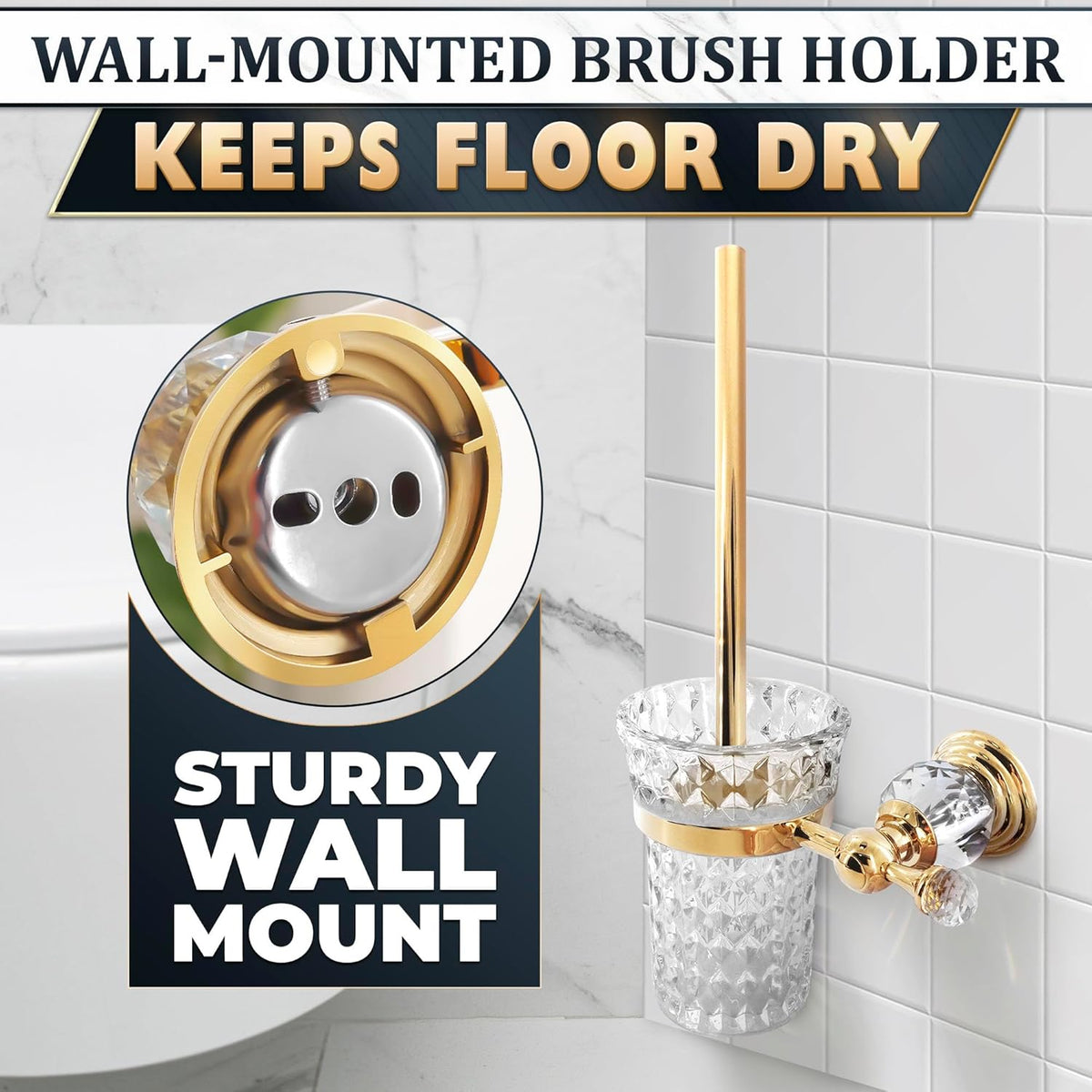 Gold Stainless Steel Toilet Brush with Crystal Toilet Brush Holder Set – Wall Mounted Holder