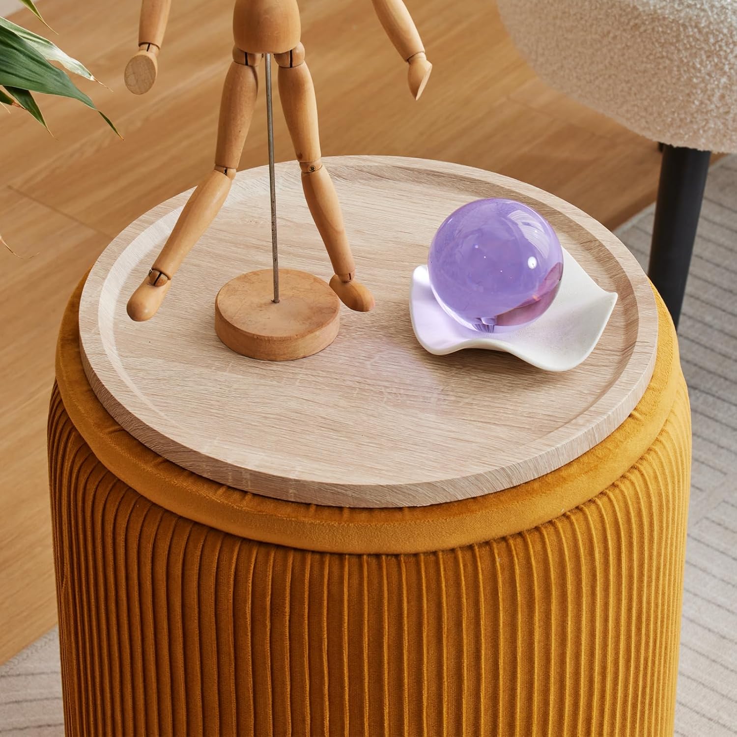 Round Ottoman with Storage Set of 2-Upholstered Velvet Vanity Stool for Makeup Multifunctional