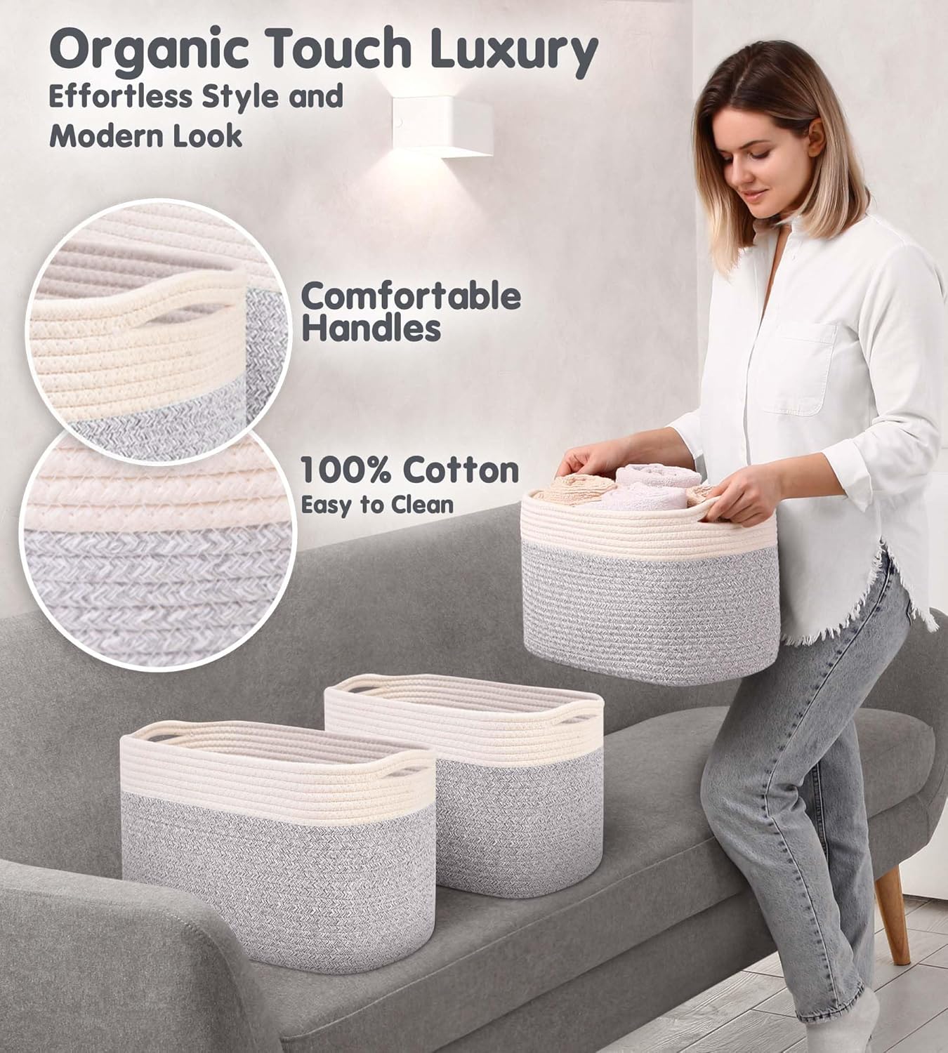 CHAT BLANC Cotton Rope Baskets for Organizing | Storage Baskets for Shelves | Rope Basket for