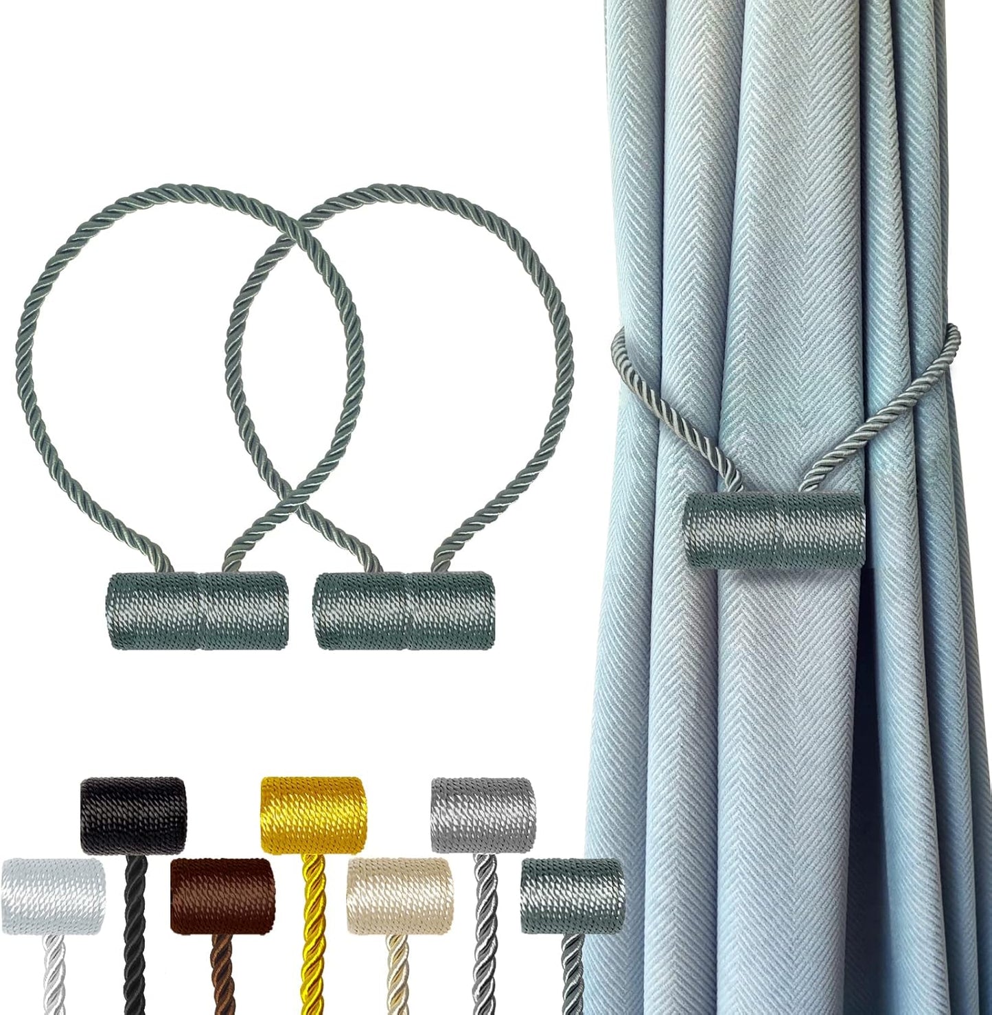 Hion Magnetic Curtain Tiebacks Gray Blue 2pcs, Curtain Tiebacks Buckles Holdbacks Holders Hooks
