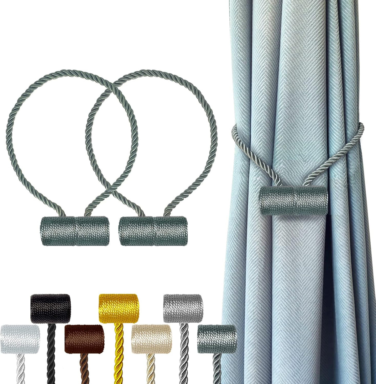 Hion Magnetic Curtain Tiebacks Gray Blue 2pcs, Curtain Tiebacks Buckles Holdbacks Holders Hooks