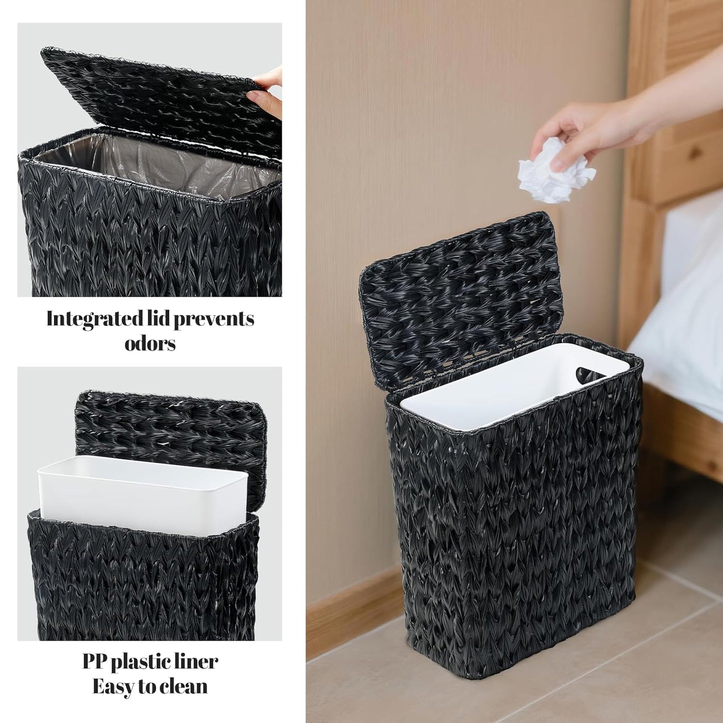 Black Wicker Trash Can with Lid and Liner,Waterproof Narrow Waste Basket for