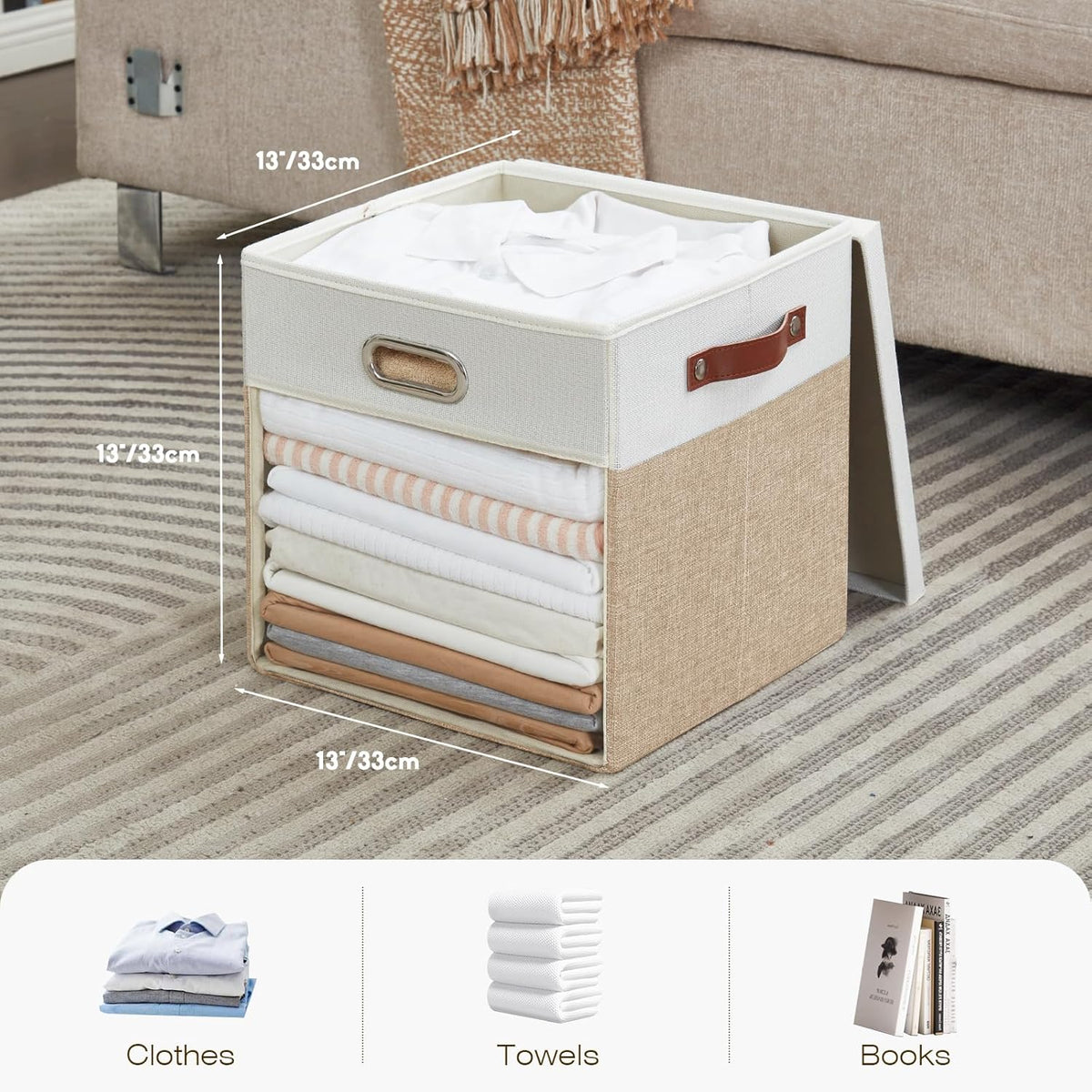 Fabric Storage Cubes with Clear Windows and Lids, 13'' Foldable Storage Bins with 3 Handles