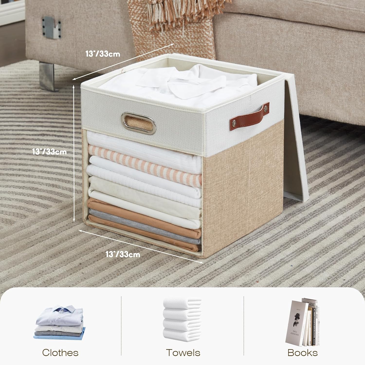 Fabric Storage Cubes with Clear Windows and Lids, 13'' Foldable Storage Bins with 3 Handles