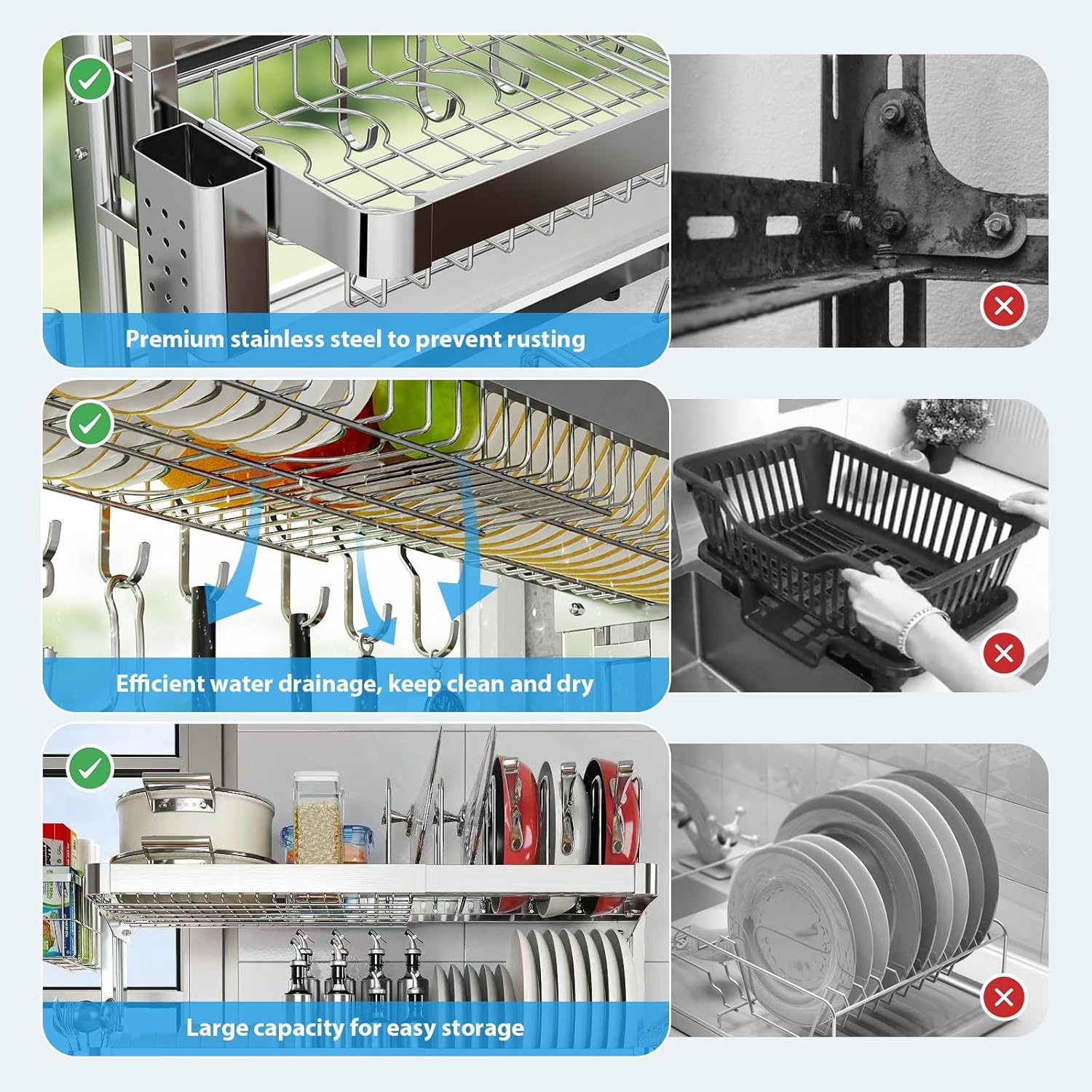 Over The Sink Dish Drainer Drying Rack, Full Stainless Steel 3-Tier Adjustable Length Over Sink