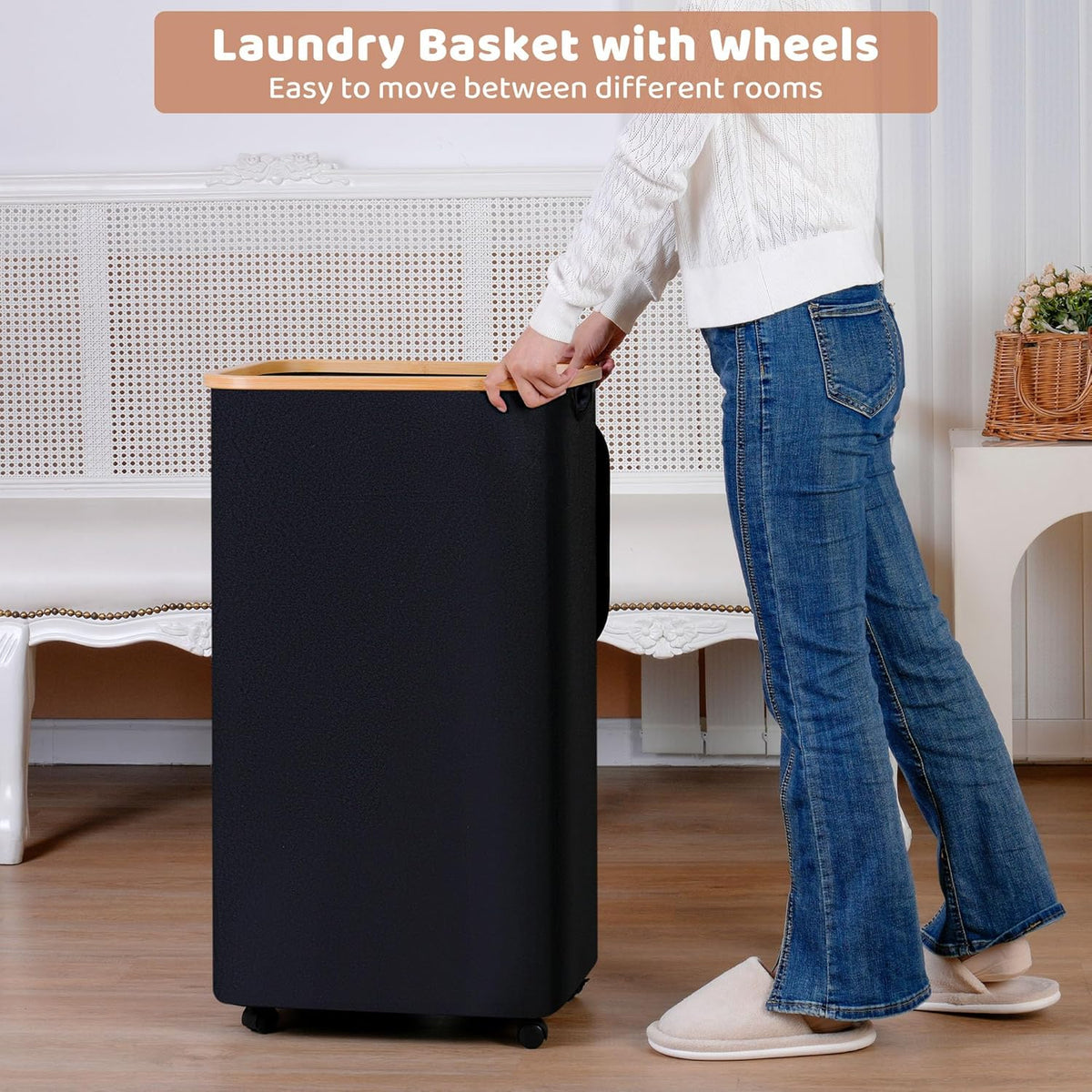 Laundry Basket with Wheels,100L Hampers for Laundry,Black Large Laundry Hamper with Lid and Bamboo
