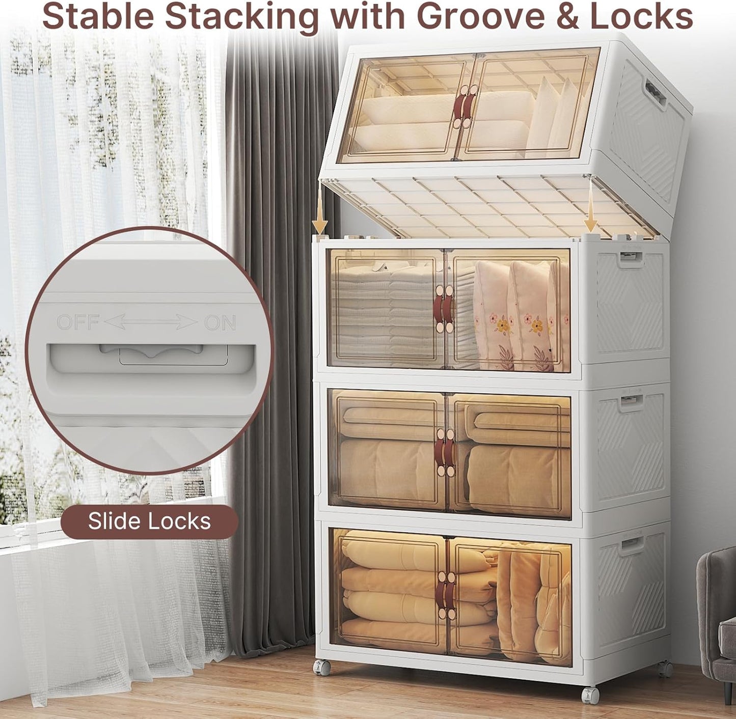 Extra Large Stackable Storage Bins with Lids & Wheels & Door, 660QT-165QT/41GAL*4Pack Foldable