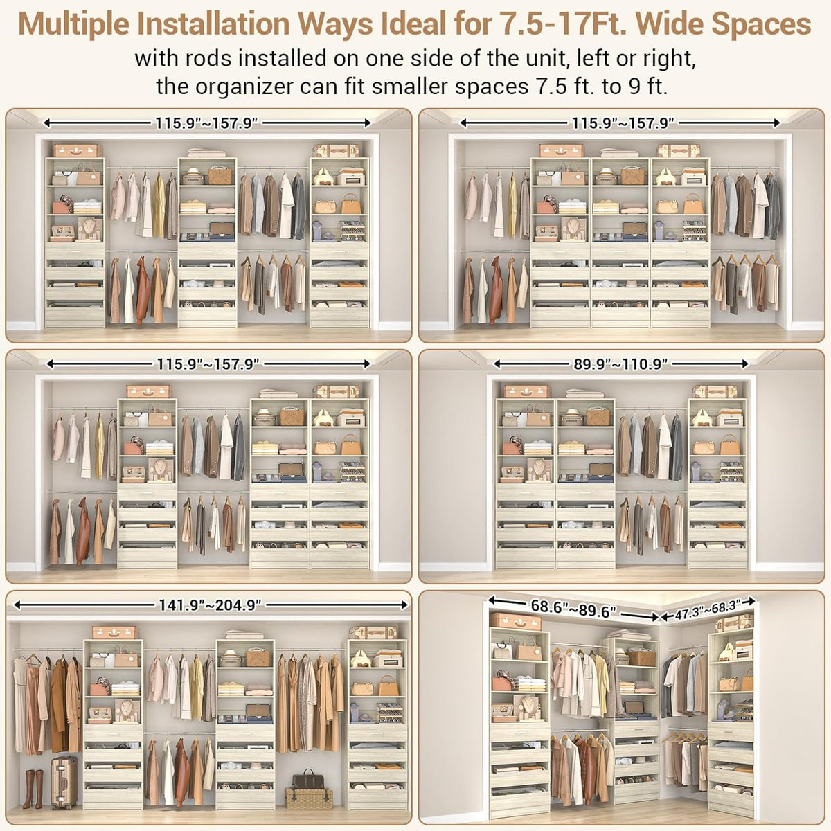 Aheaplus Closet System with 12 Drawers, 8.5-11.5Ft Wood Closet Organizer System with 4 Hanging Rods
