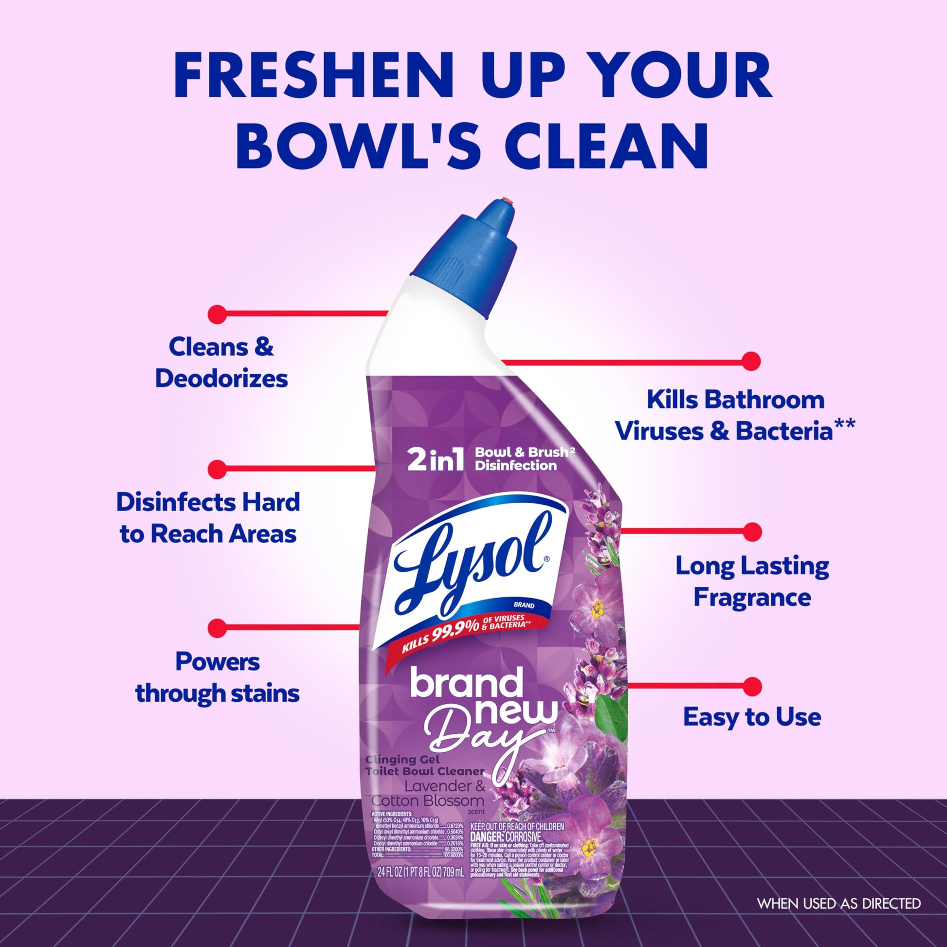 Lysol Toilet Bowl Cleaner Clinging Gel, Lavender Scent, 24 oz, 2 Pack