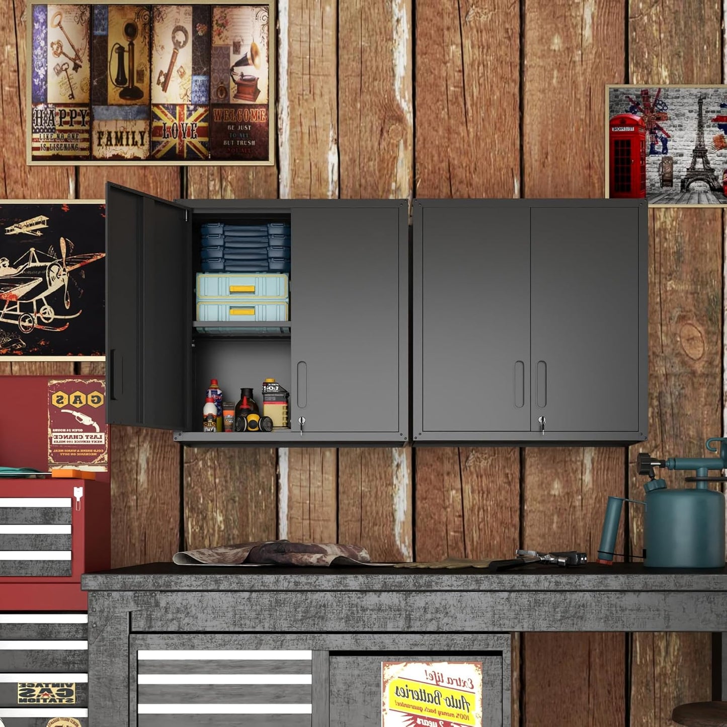 Garage Wall Cabinet with Doors and Shelves, Metal Wall Mounted Storage Cabinet with Lock, Hanging