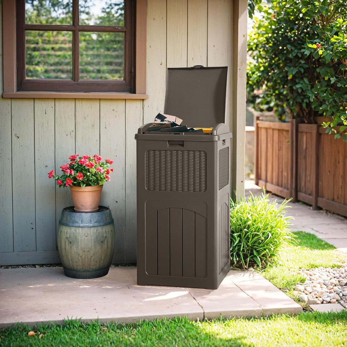Flamaker 30 Gallon Trash Can, Resin Outdoor Garbage Can with Lid, Waterproof Hideaway Patio Waste