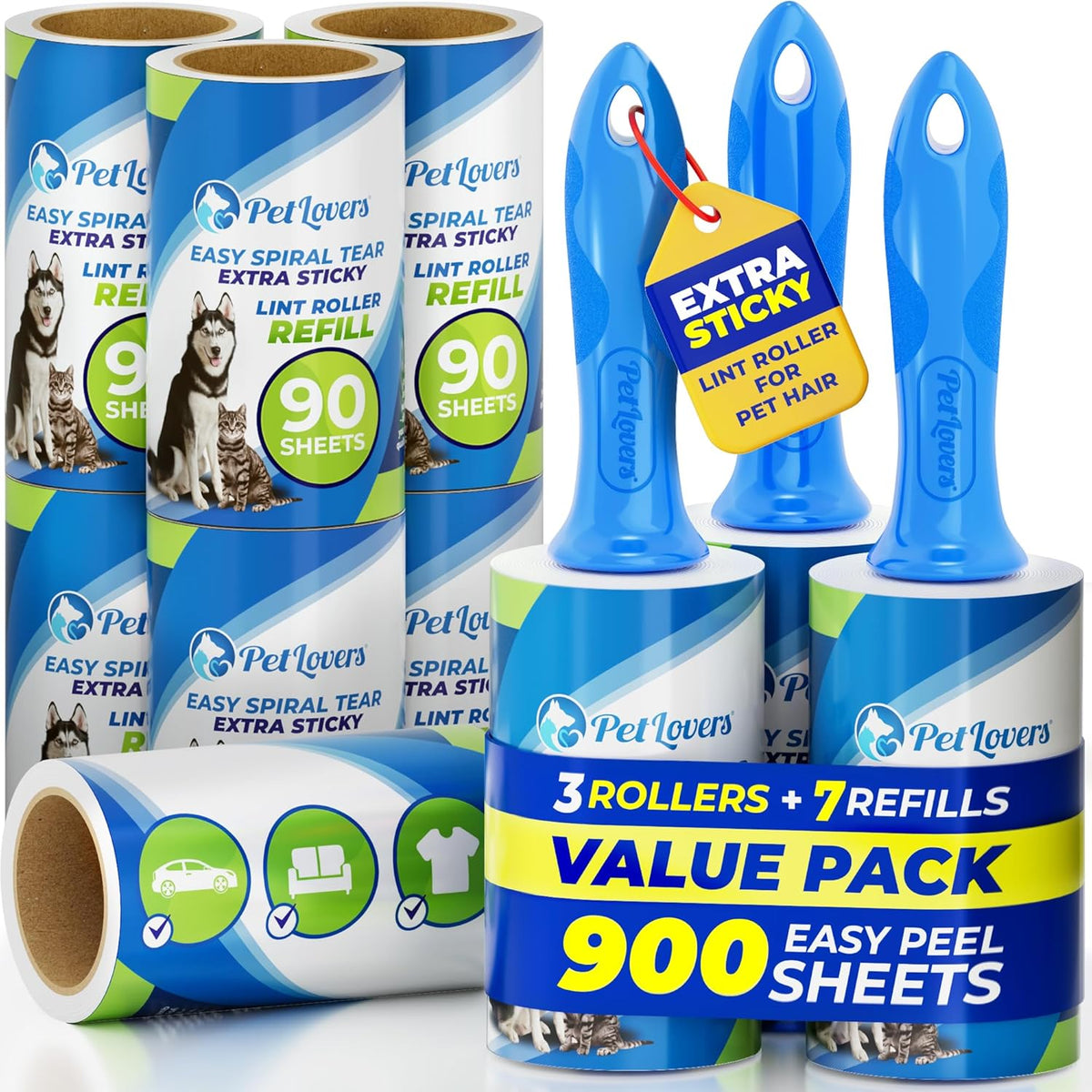 PetLovers Extra Sticky Lint Roller Mega Value Set 900 Sheets for Pet Hair Removal and Clothes, Dog