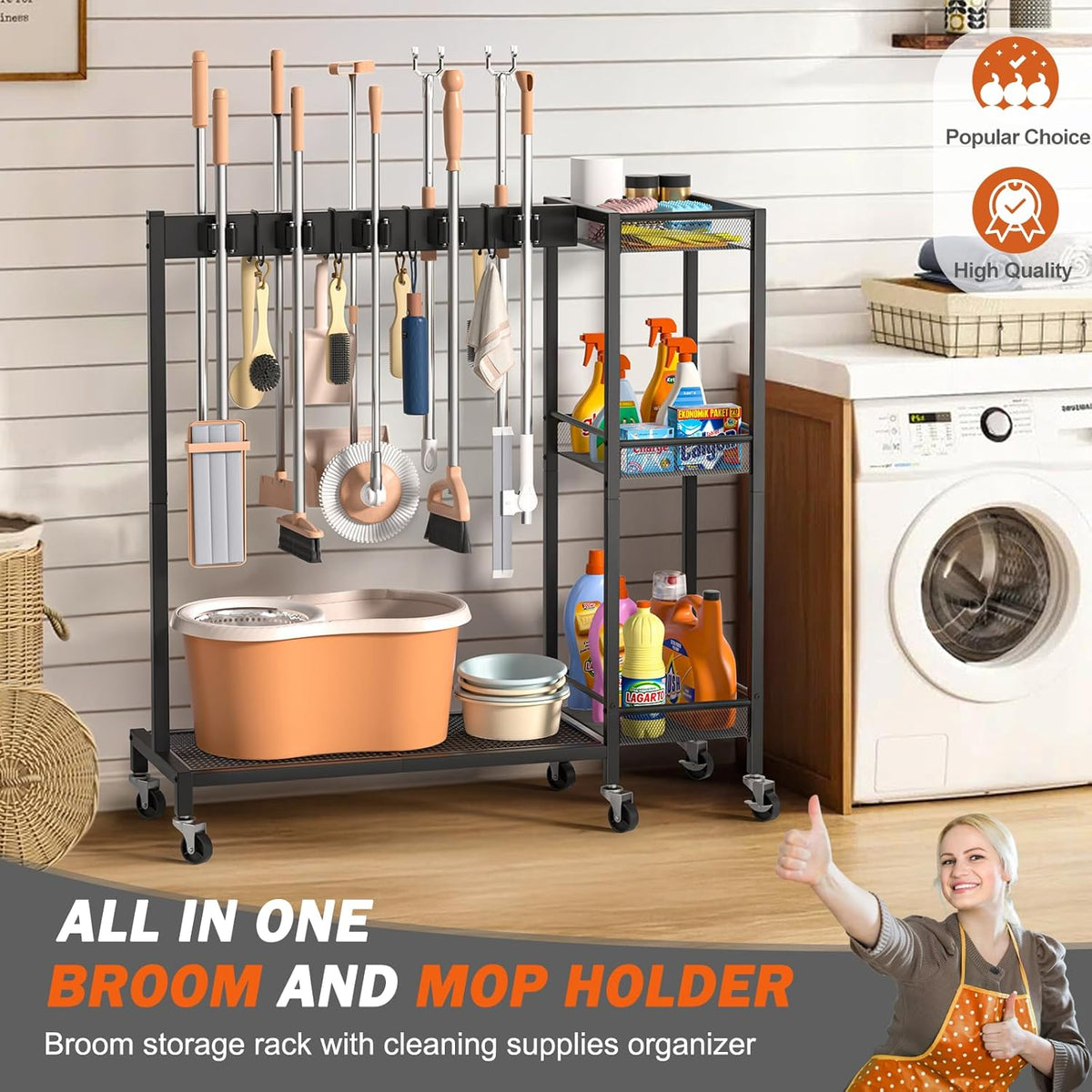 Broom Holder with Cleaning Supplies Organizer, Broom Closet Storage Cabinet with Cleaning Caddy