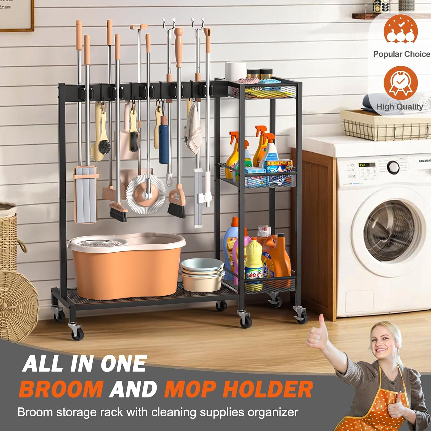 Broom Holder with Cleaning Supplies Organizer, Broom Closet Storage Cabinet with Cleaning Caddy