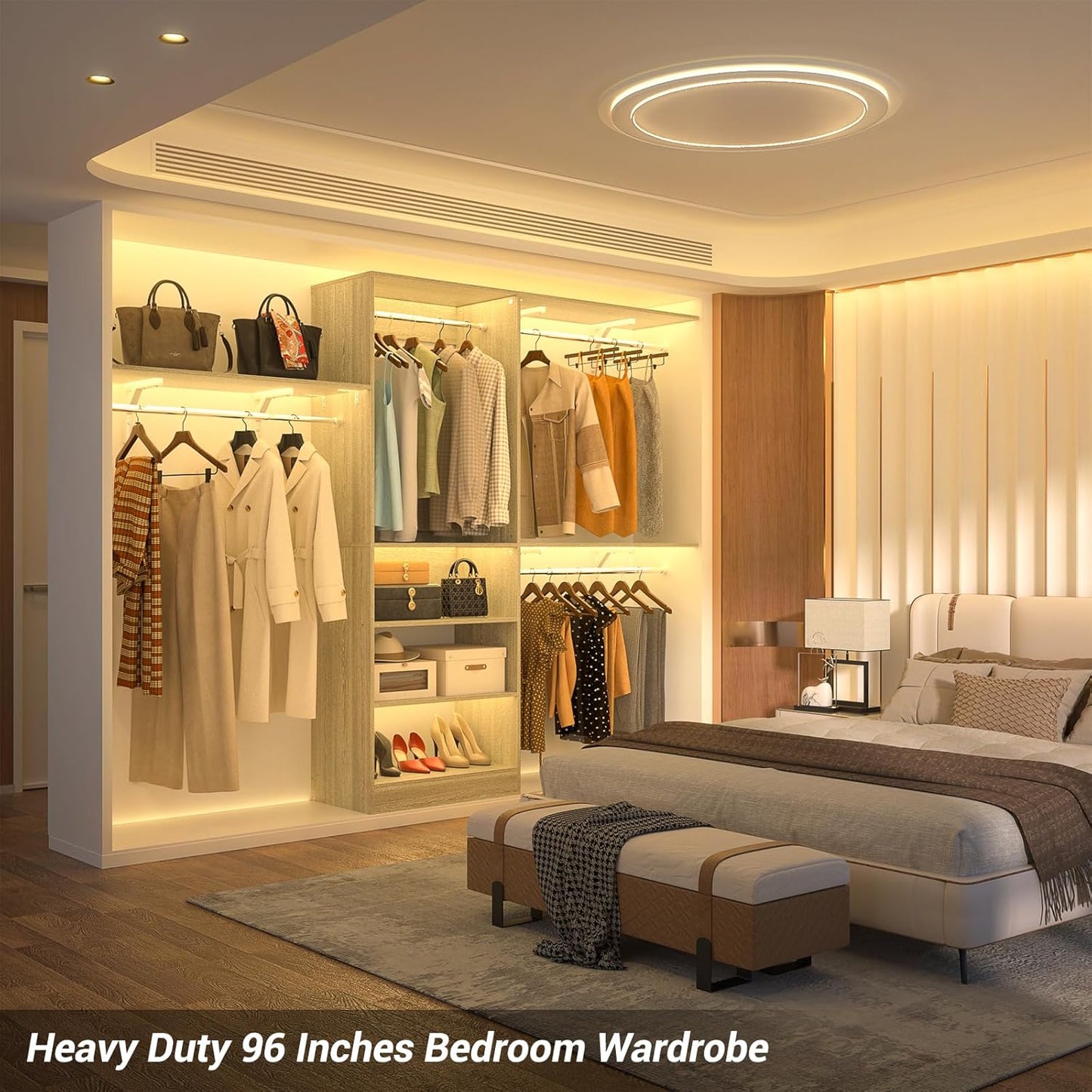8FT Closet System with Shelves, 96'' Closet Organizer System with 3 Hanging Rods, Wall Mount