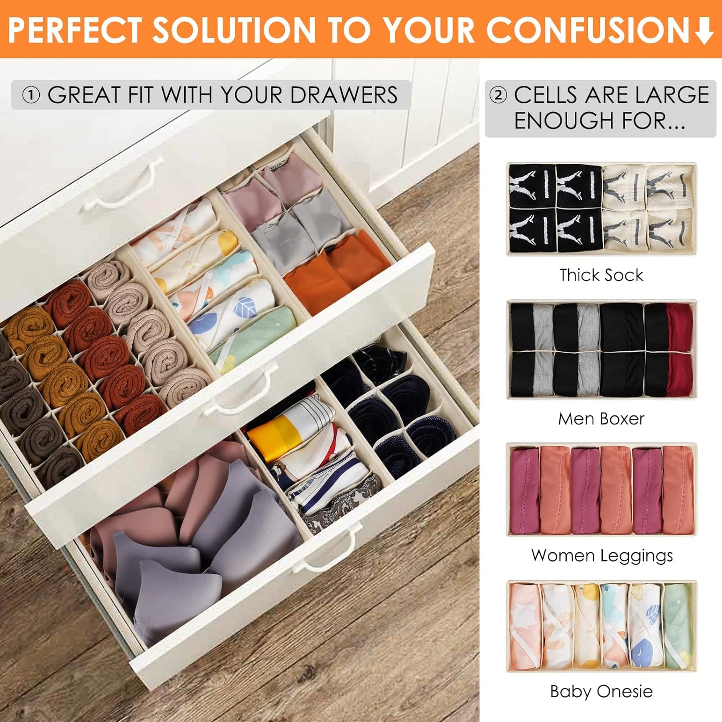 6 Pack Sock Underwear Drawer Organizer Dividers, 58 Cell Foldable Fabric Dresser Closet Organizers