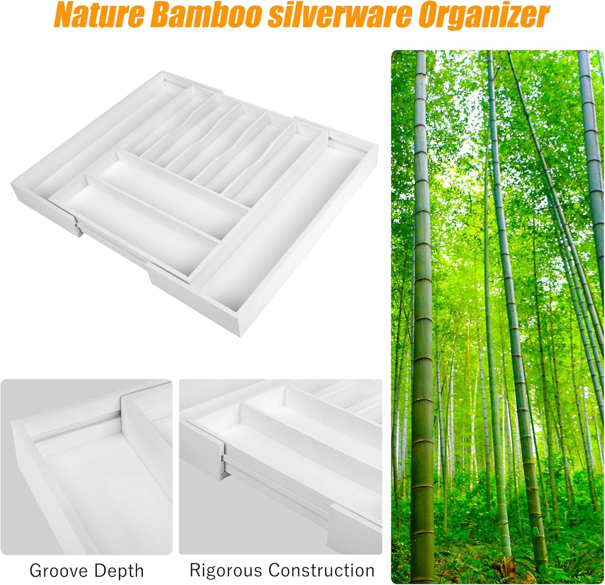 Bellsal Large Premium Bamboo Silverware Organizer - Expandable Utensil Drawer Organizer - 17"x19.6"