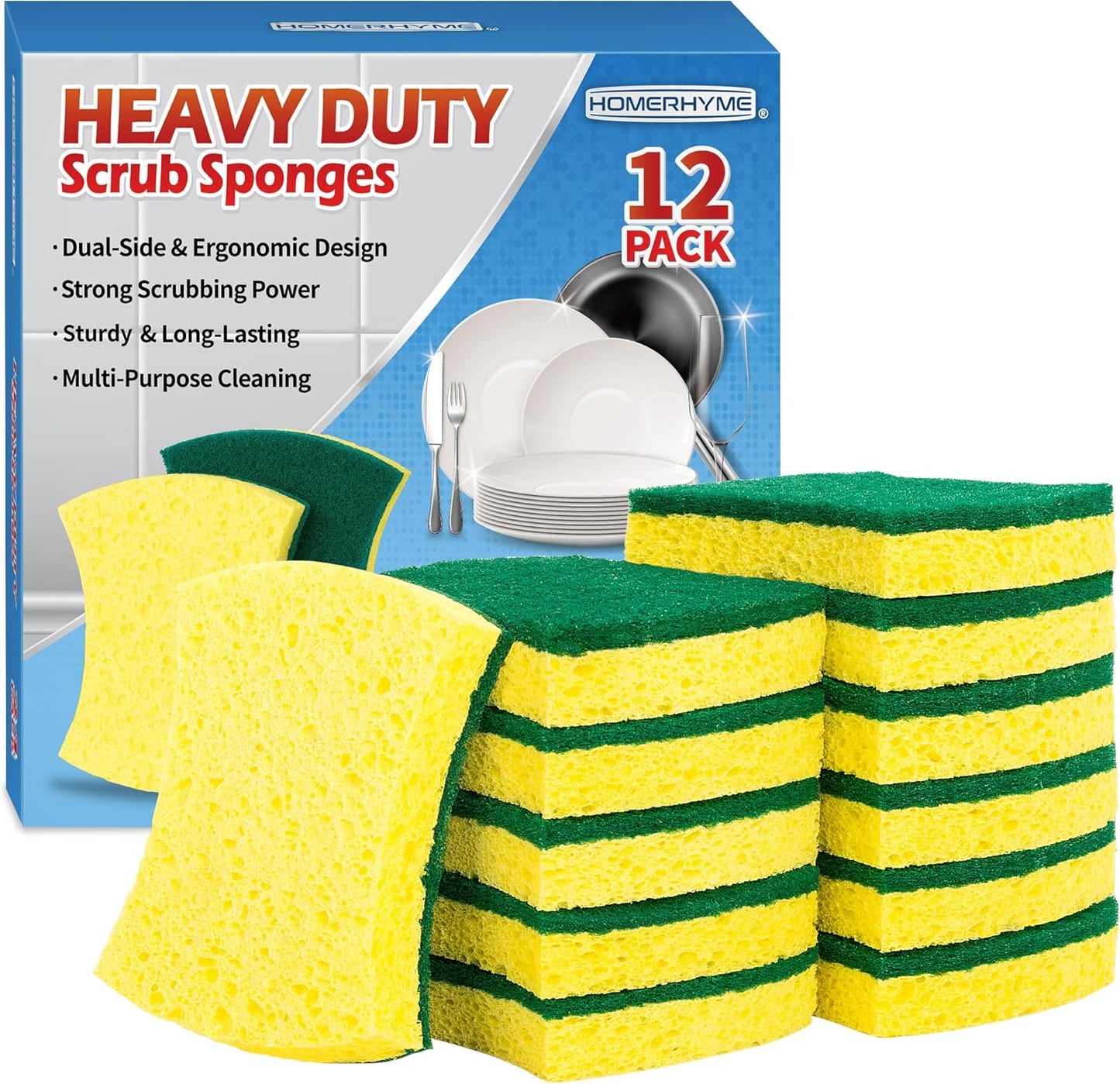 HOMERHYME Heavy Duty Cellulose Scrub Sponges, 12 Pack Dual-Sided Multipurpose Kitchen Sponge for