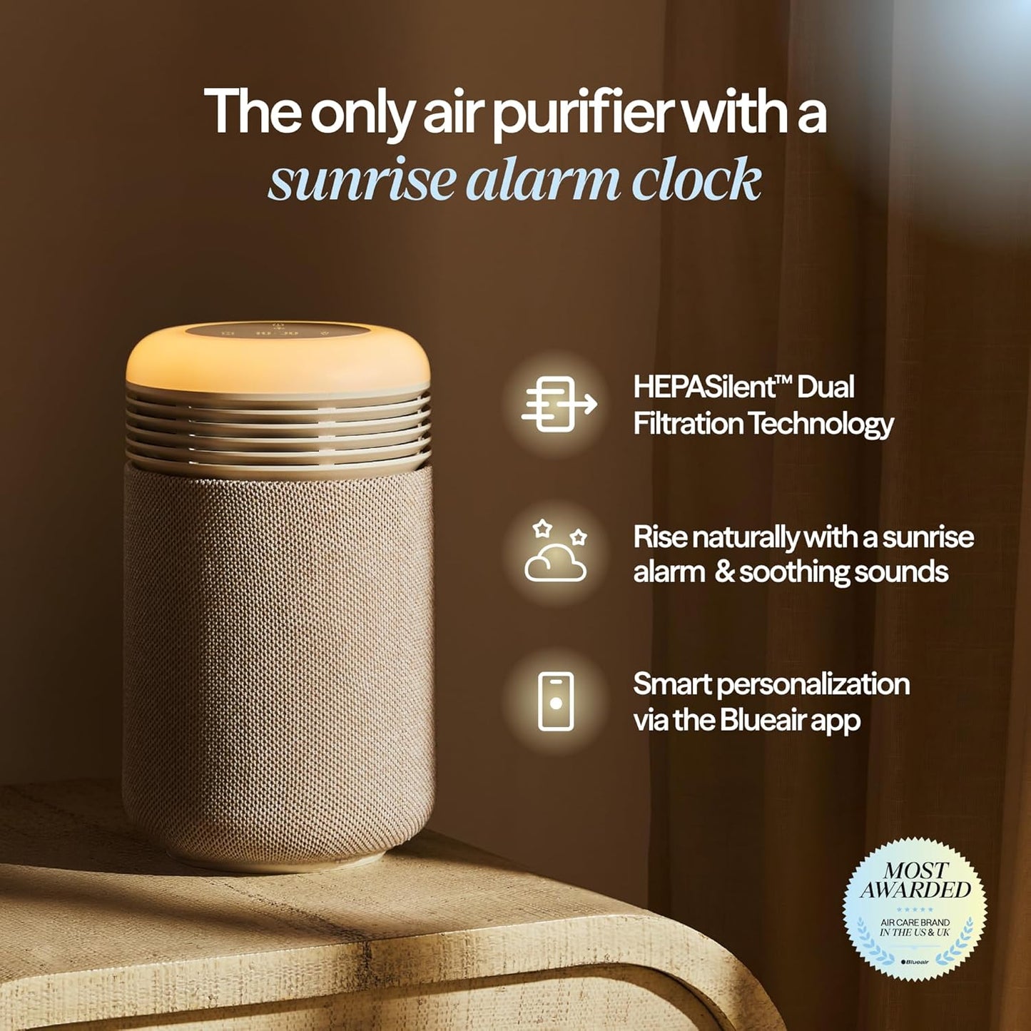 BLUEAIR Purifier for Bedroom - Mini Restful - Sunrise Clock with HEPASilent Filtration and Wake Up