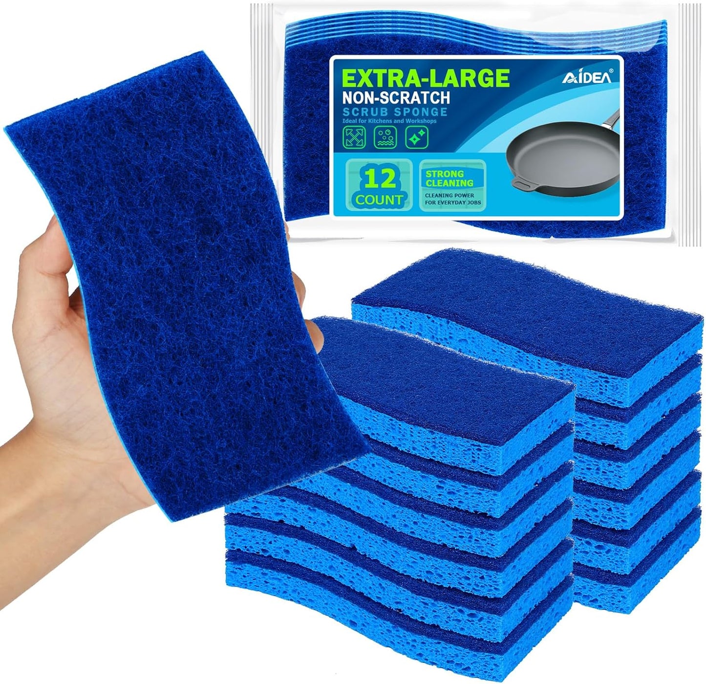 AIDEA XL Scrub Sponges Non-Scratch 12Count, Extra Large Sponges Kitchen, Sponge for Dishes, Cleans