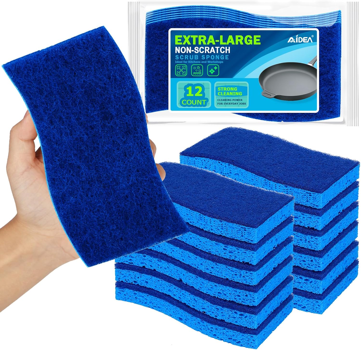 AIDEA XL Scrub Sponges Non-Scratch 12Count, Extra Large Sponges Kitchen, Sponge for Dishes, Cleans