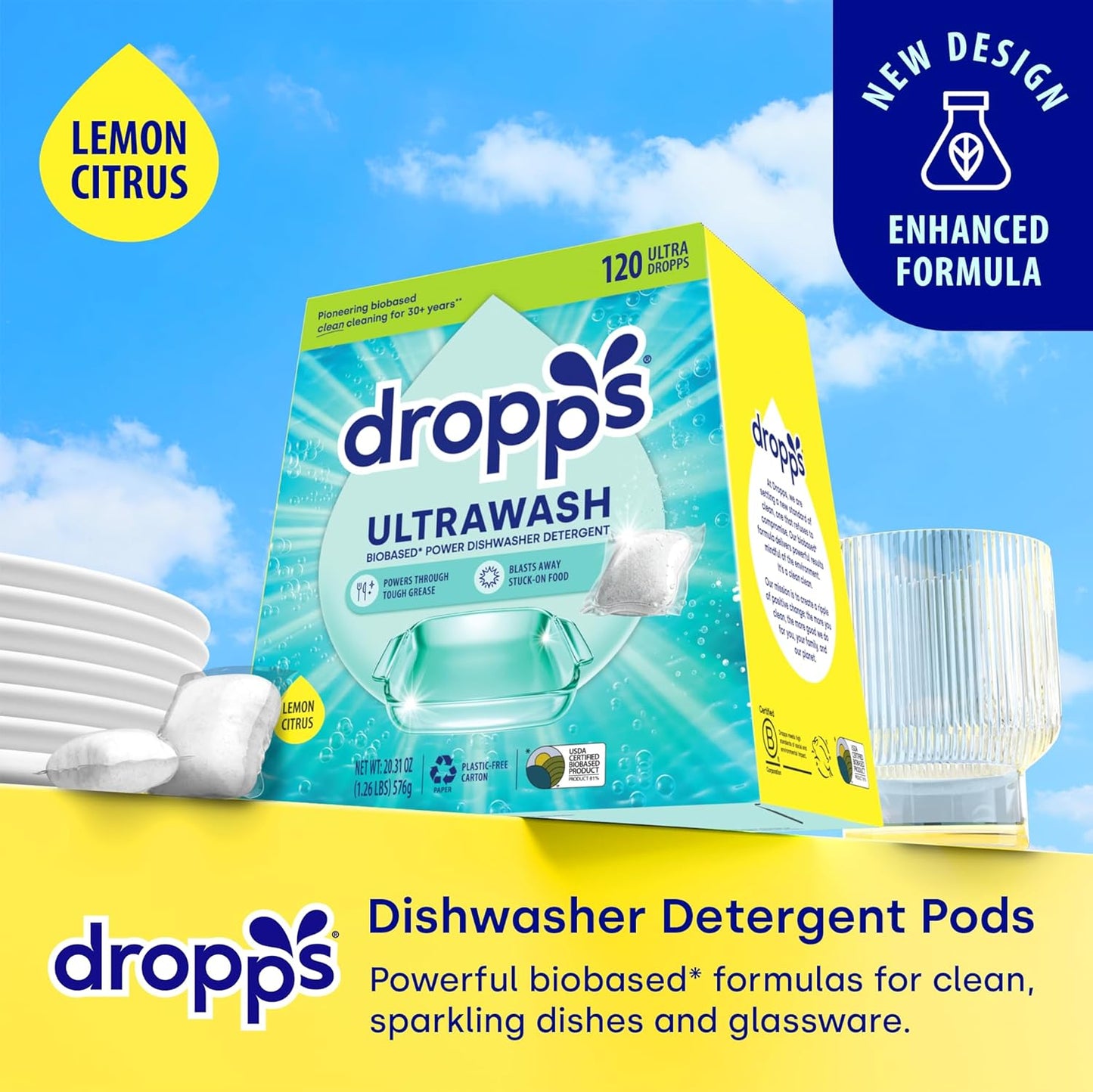 Dropps UltraWash Dishwasher Pods, Lemon Citrus (120 Count) - Biobased Power Deep Clean Dishwasher