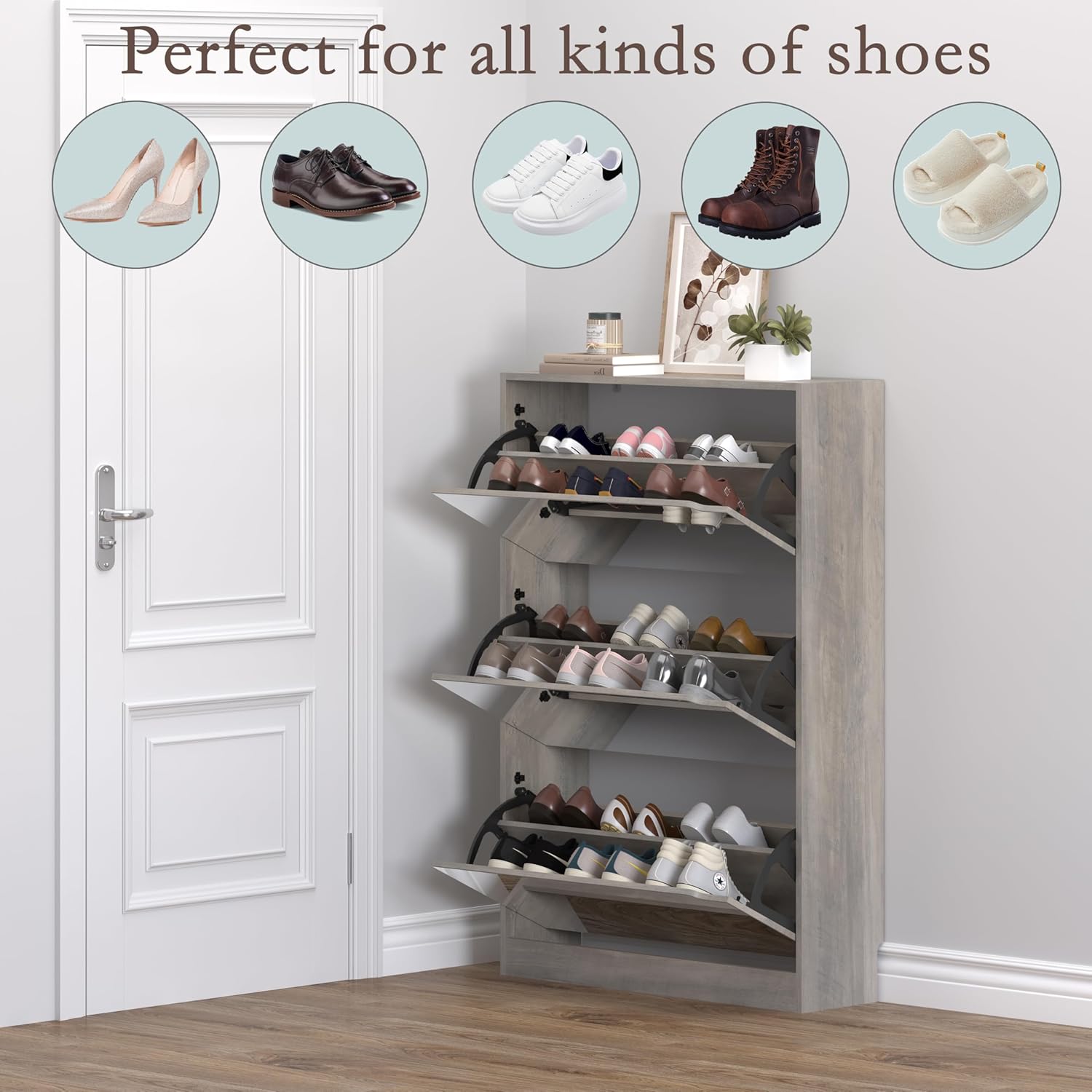 Shoe Cabinet with 3-Flip Mirror Drawers, Freestanding Shoe Rack Organizer with Hidden Handle, Slim