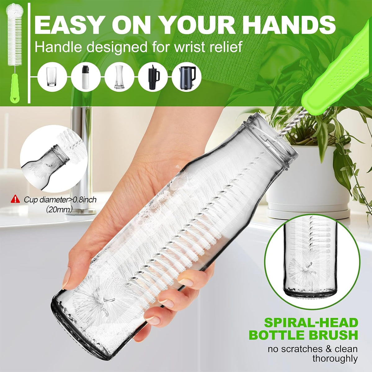 Bottle Brush Cleaner Set of 3, Long Handle Water Bottle & Straw Cleaner Brushes for Washing