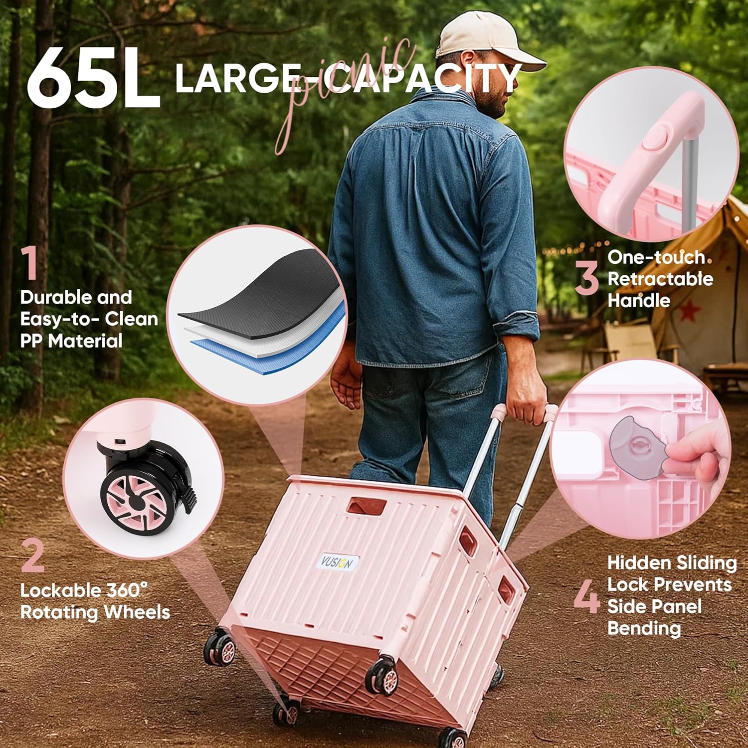 VUSIGN Folding Utility Cart, Foldable Rolling Crate Handcart with Lid, Portable Collapsible