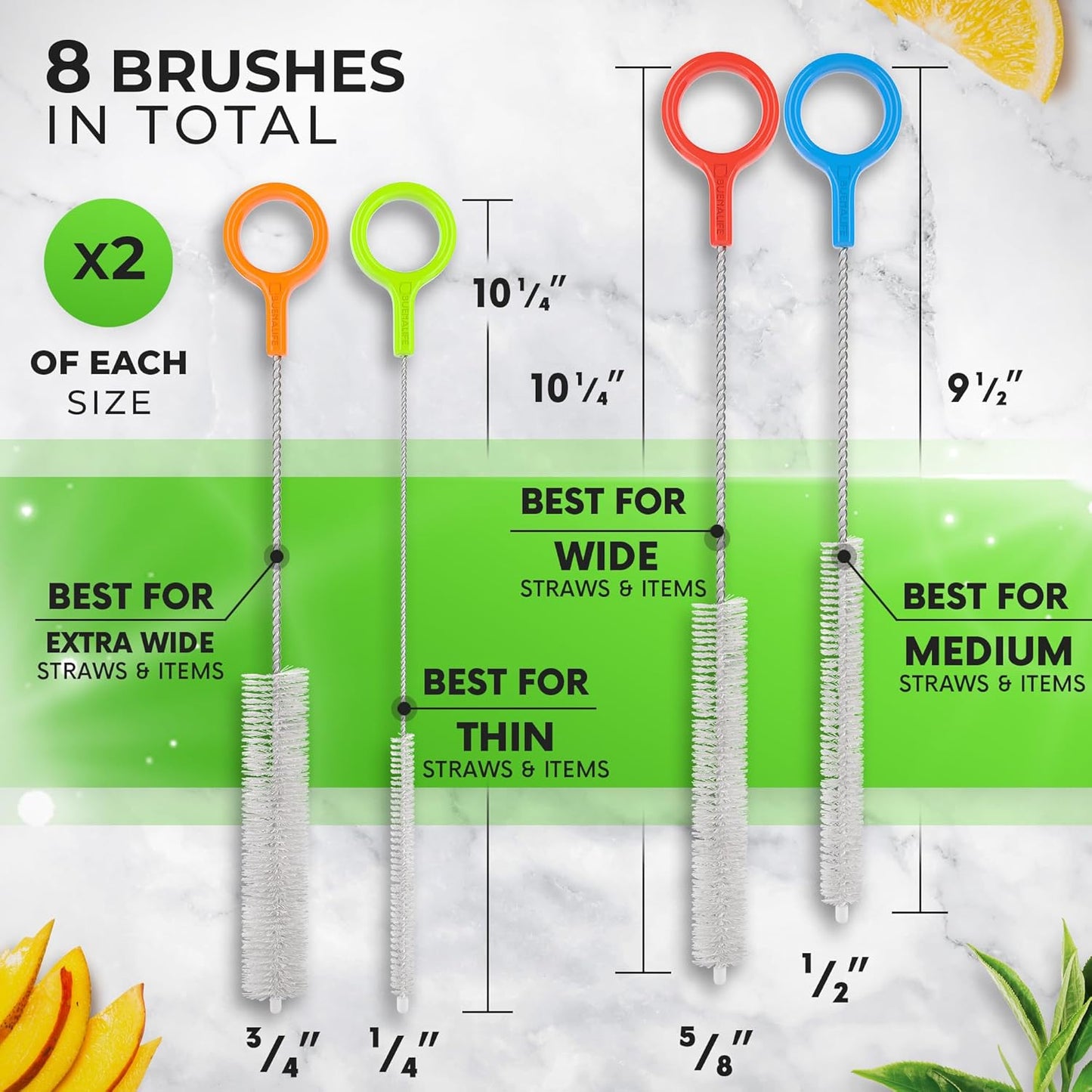 Heavy Duty Cleaning Brushes Set of 8 - Extra Long Straw Cleaners for Metal and Plastic Reusable