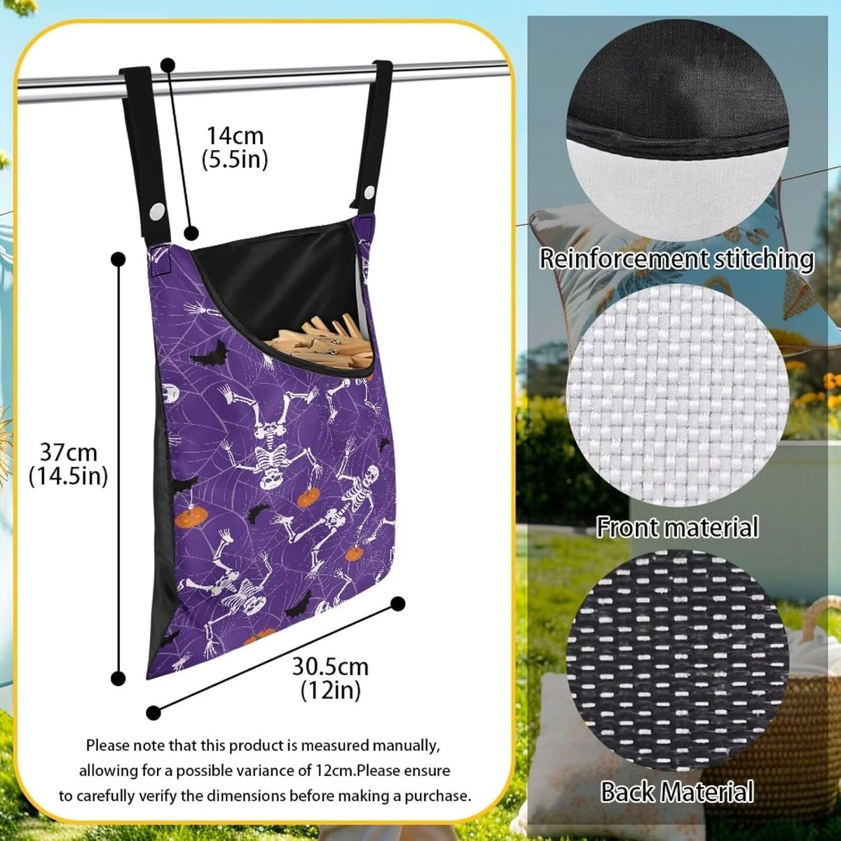 Gothic Skull Summer Clothes Pin Bag Clothespin Bags Holder Clothespin Holder 14.5 x 12 Inch