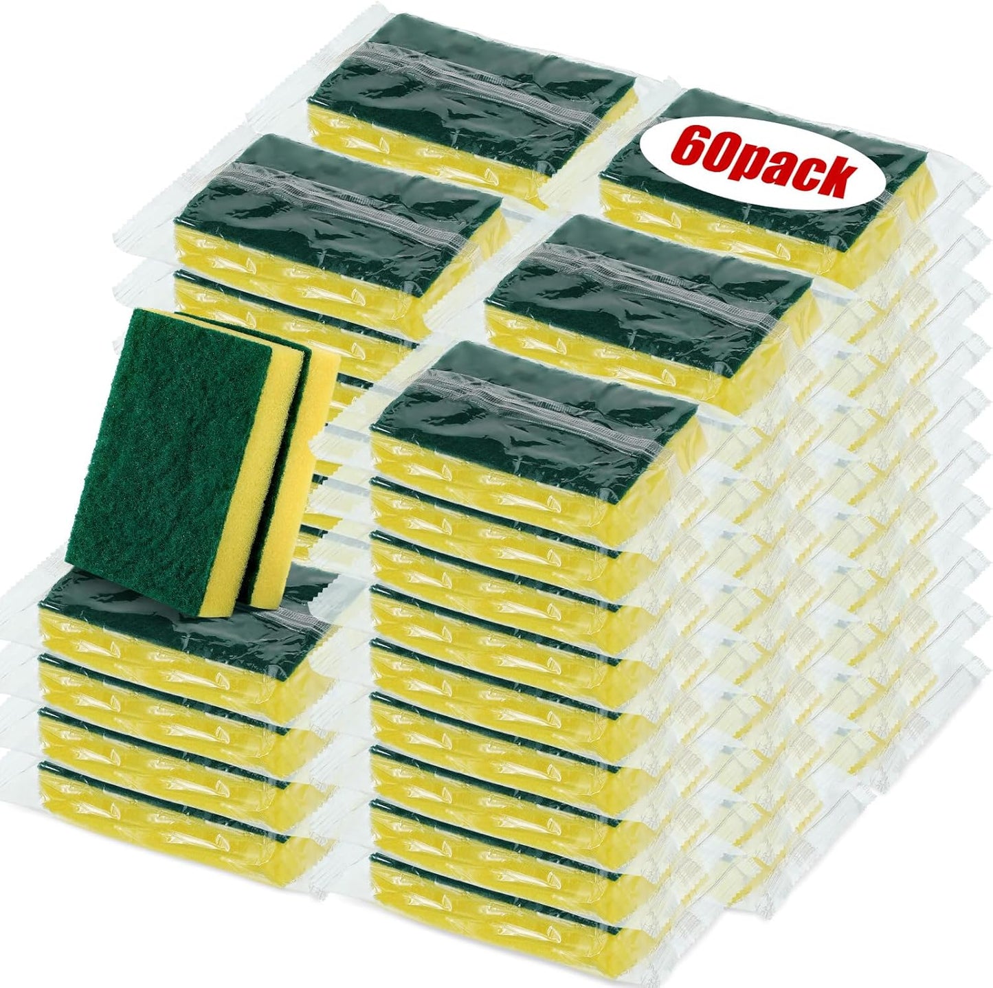 Tanlade 60 Pcs Individually Wrapped Sponge Dishwashing Sponge Bulk Non Scratch Scrub Sponges