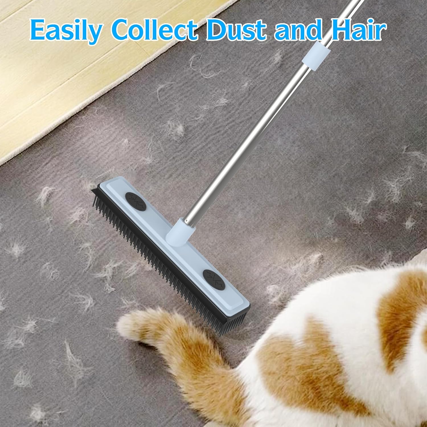 Rubber Broom Carpet Rake for Pet Hair Removal, Fur Remover Broom with 59" Adjustable Handle