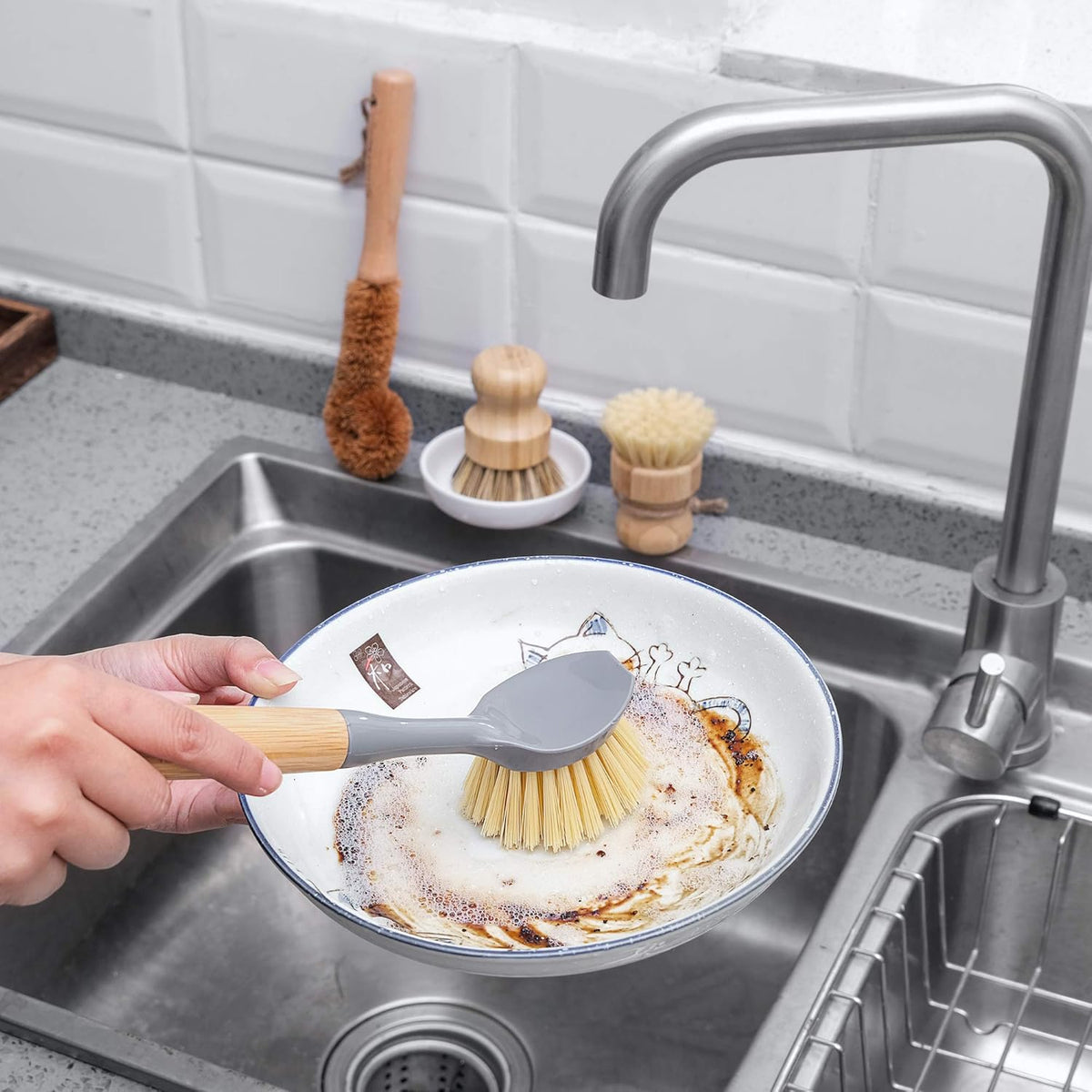 Natural Bamboo Dish Brush Bottle Scrub Brush 4-Piece Set, with Ceramic Soap Dispenser - Wooden