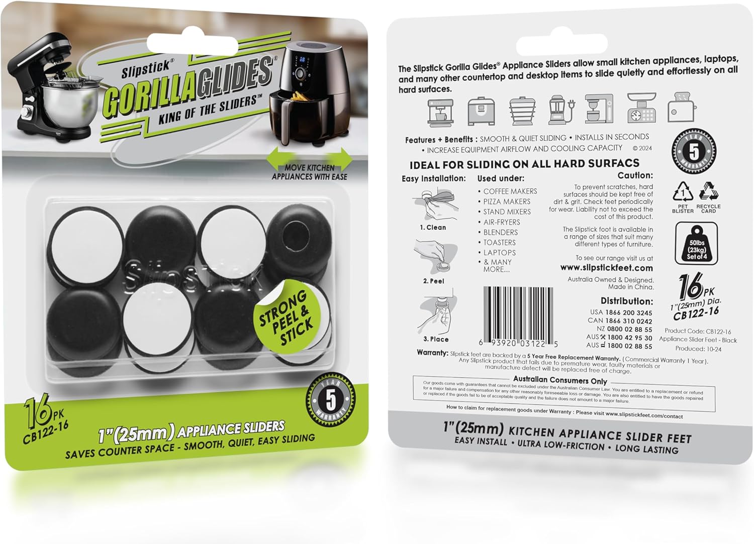 Slipstick GorillaGlides Kitchen Appliance Sliders (16 x 1” Round Glides) Self Adhesive Countertop