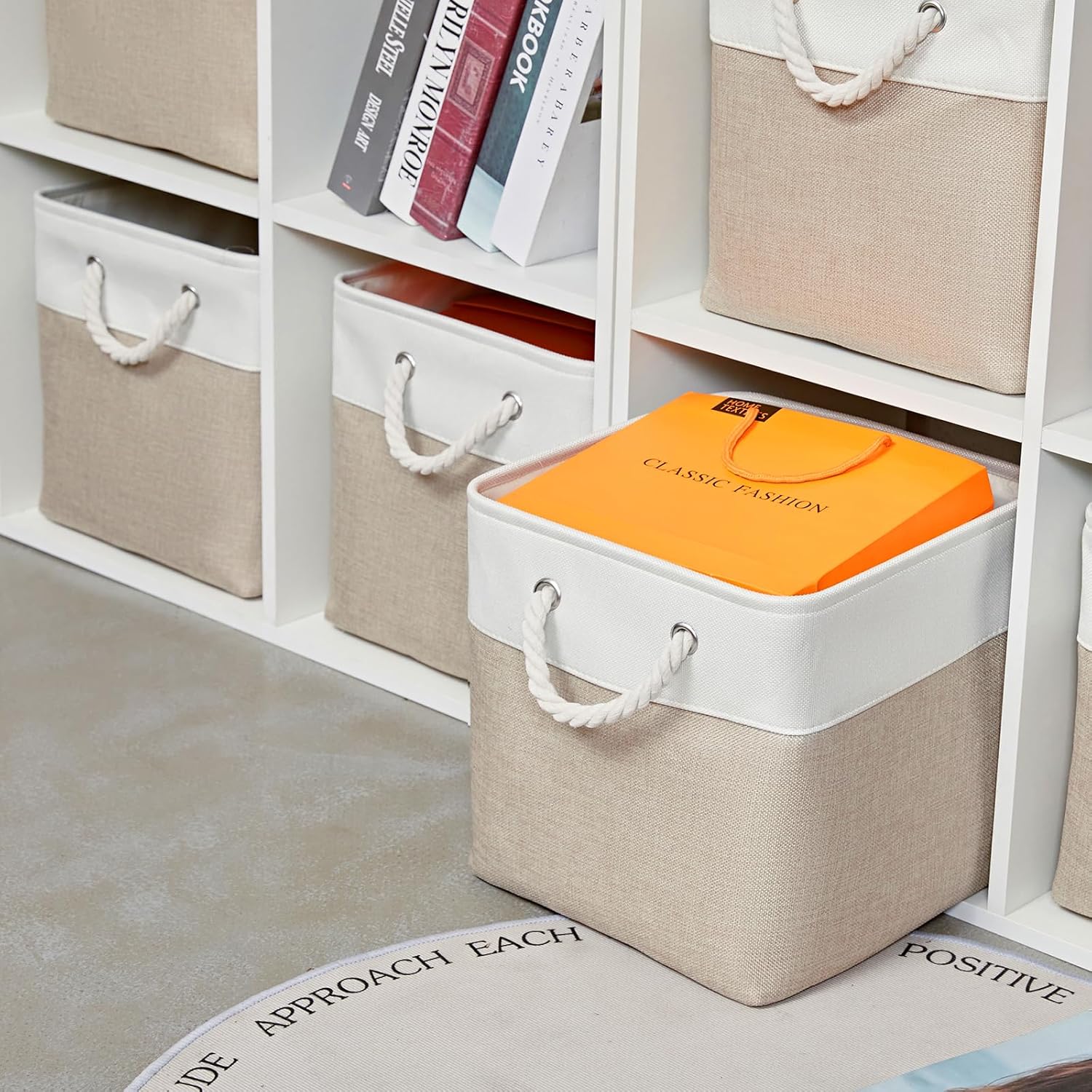12 x 12 Inch Cube Storage Bins, 6 Pack Large Collapsible Fabric Storage Bin with Ropes, Foldable