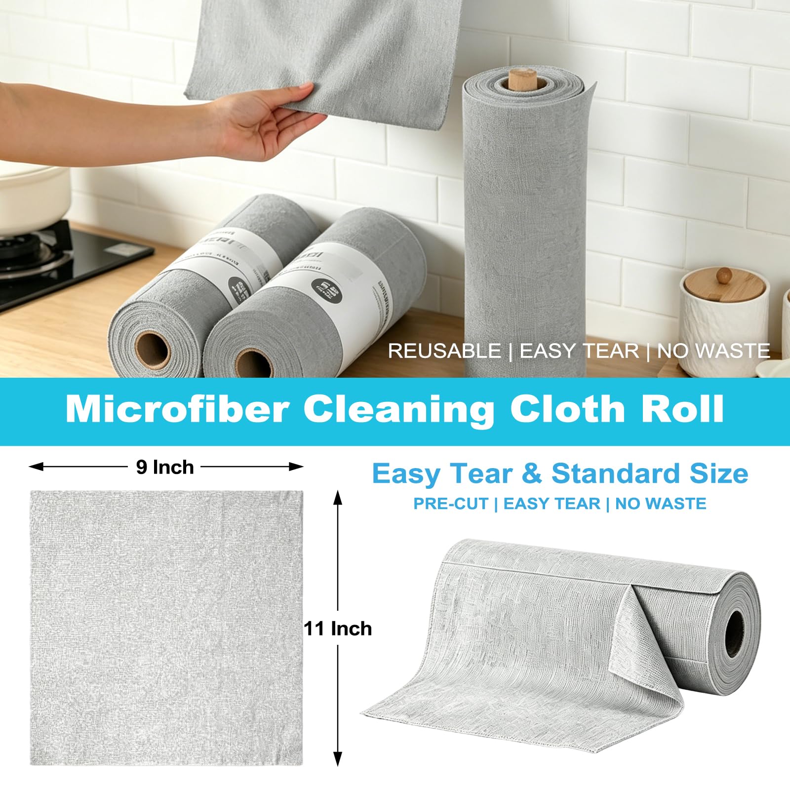 Puomue 55 Pack Microfiber Cleaning Cloth Roll, Tear Away Reusable Paper Towels, 11" X 9", Ultra