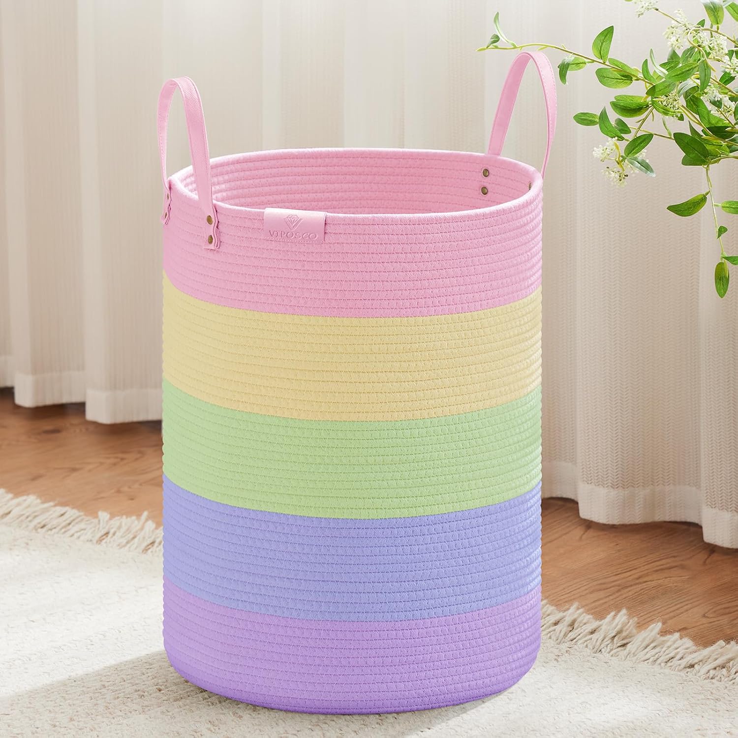 VIPOSCO Tall Laundry Basket, Large Dirty Clothes Hamper with Leather Handle, Woven Rope Storage