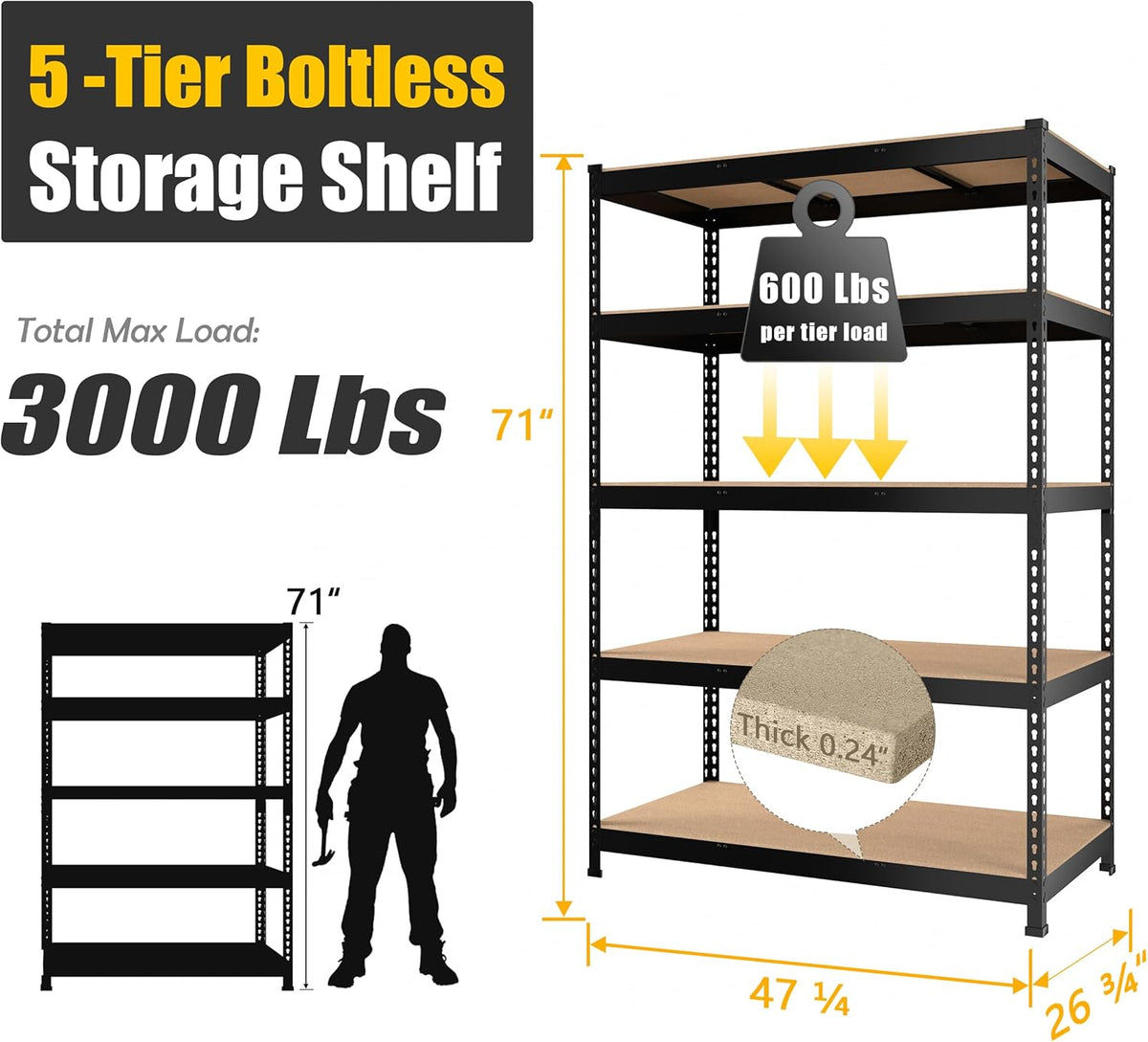 PrimeZone 48" W x 24" D x 72" H Heavy Duty Storage Shelves, 5 Tier Adjustable Garage Shelving Unit
