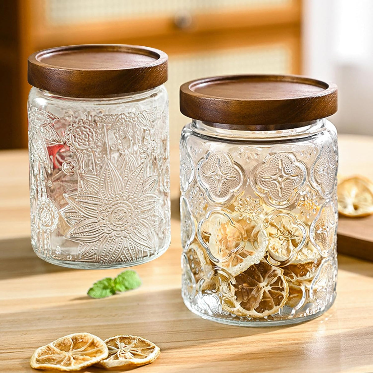 24 OZ/6 PCS Glass Storage Jar with Airtight Bamboo Wooden Lids, Vintage Food Containers Canisters