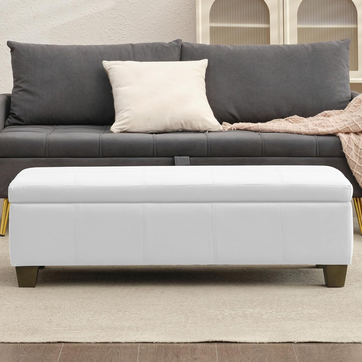51 Inch Faux Leather Ottoman with Storage, End of Bed Bench with Large Storage, Rectangular Extra