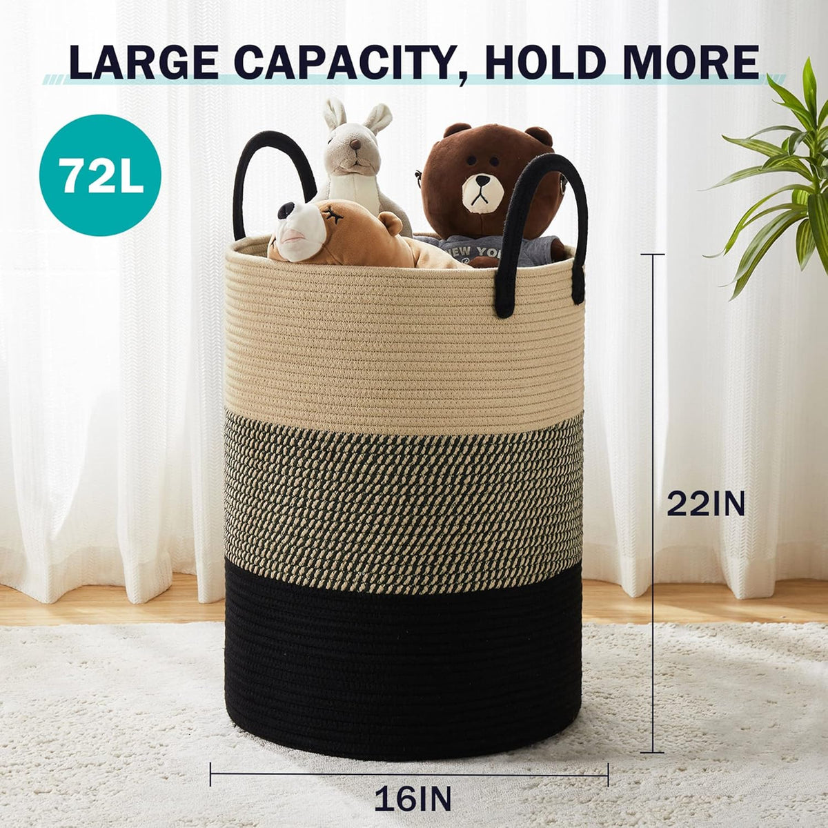 YOUDENOVA Woven Rope Laundry Hamper Basket, 72L Tall Luandry Basket, Baby Nursery Hamper for