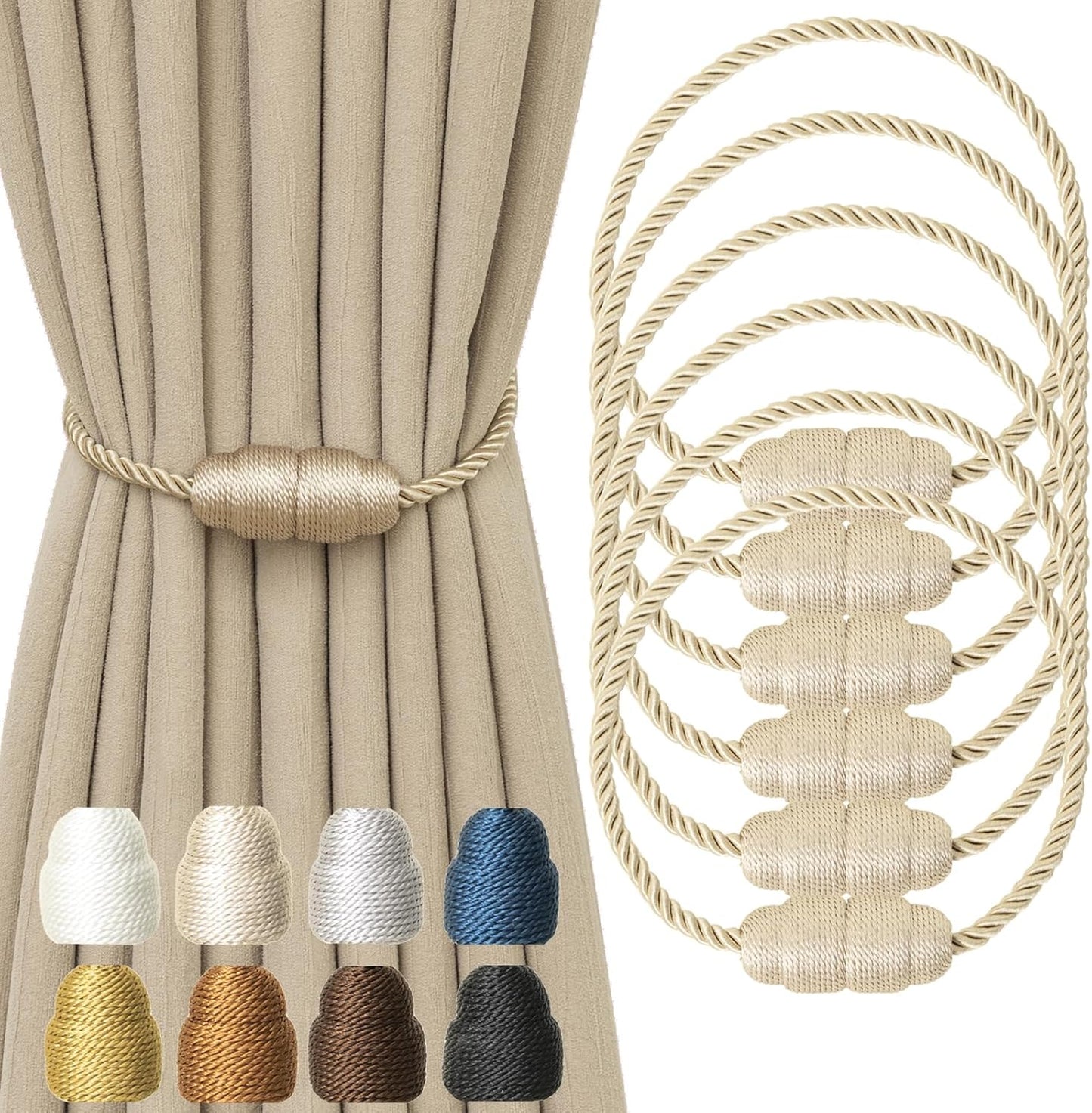 Magnetic Curtain Tiebacks - Rope Tiebacks for Curtains & Drapes, Decorative Window Holdbacks (6
