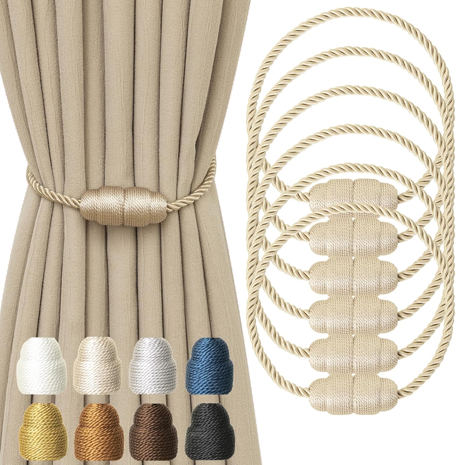 Magnetic Curtain Tiebacks - Rope Tiebacks for Curtains & Drapes, Decorative Window Holdbacks (6