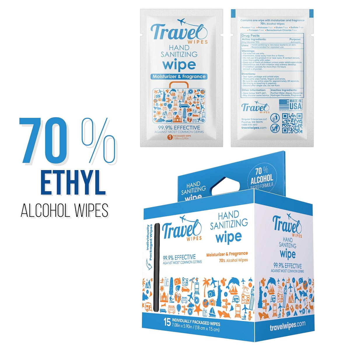 Hand Sanitizing Travel Wipes – 15ct Individually Wrapped | Fresh Citrus Scent, Moisturizing, 70%