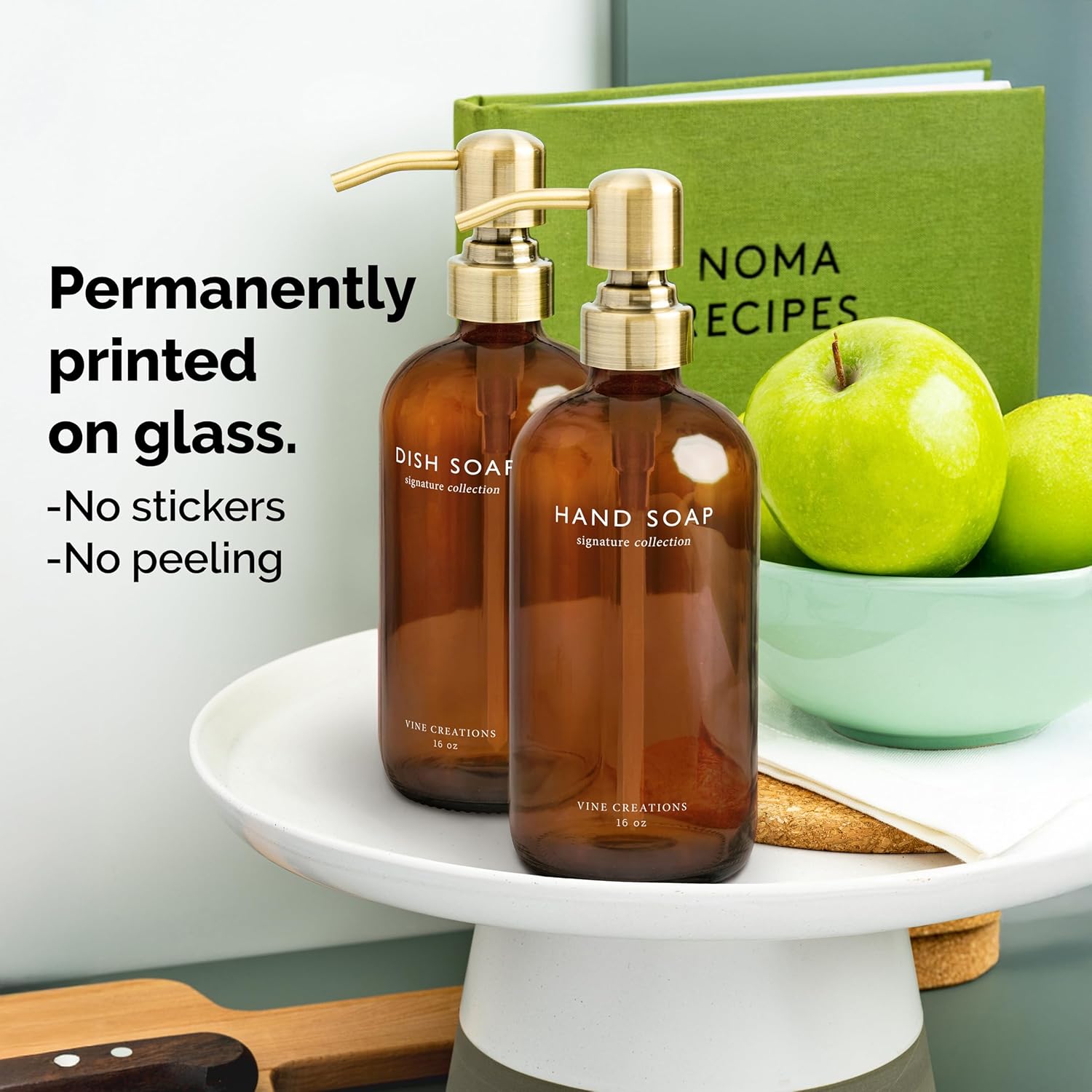 Vine Creations Amber Glass Soap Dispenser Set, Dish Soap and Hand Soap Dispenser Set with Stainless