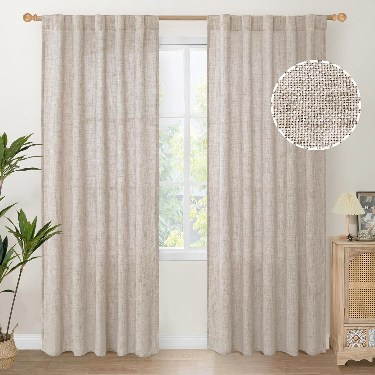 YoungsTex Natural Linen Curtains 84 Inches for Living Room Back Tab and Rod Pocket Textured Window