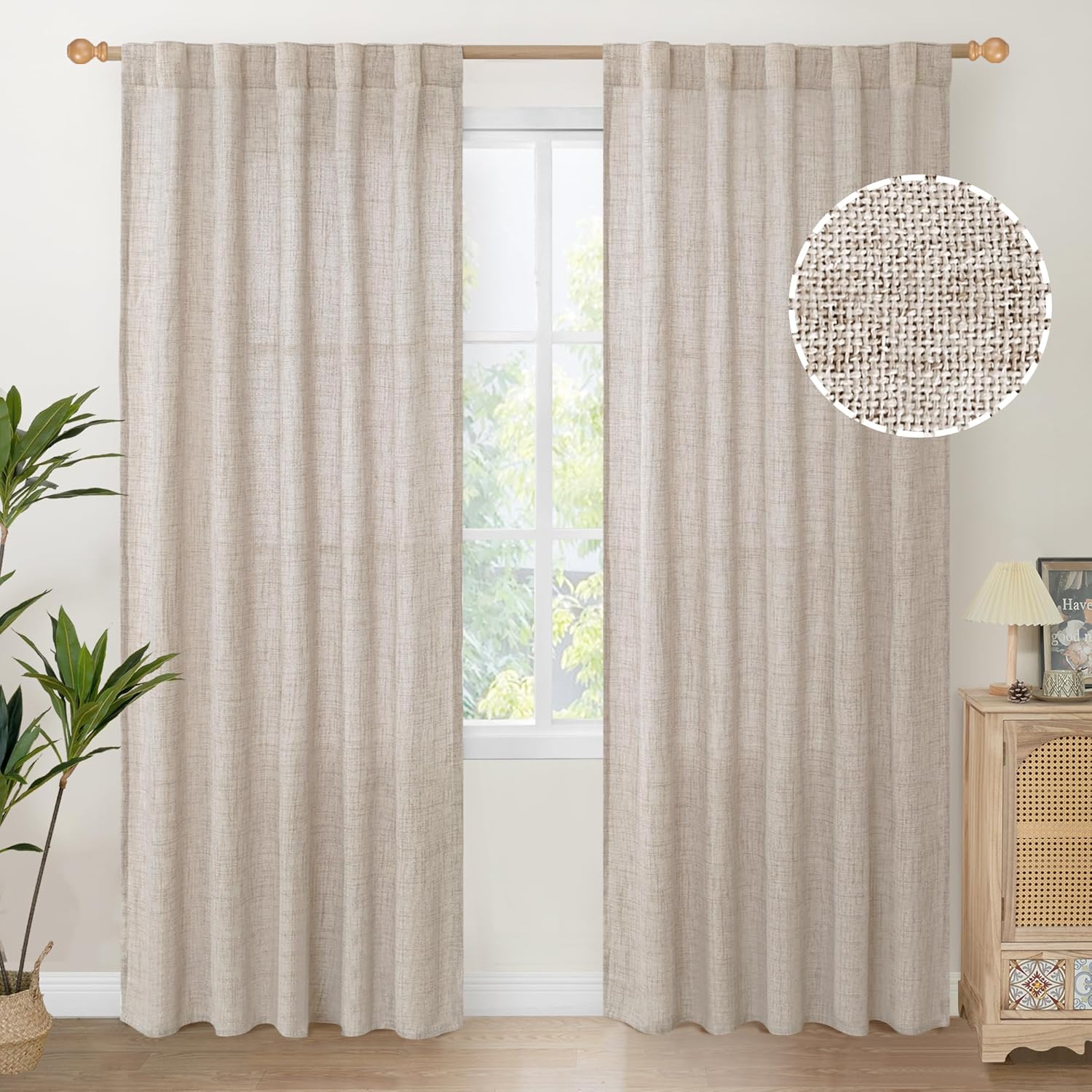YoungsTex Natural Linen Curtains 84 Inches for Living Room Back Tab and Rod Pocket Textured Window