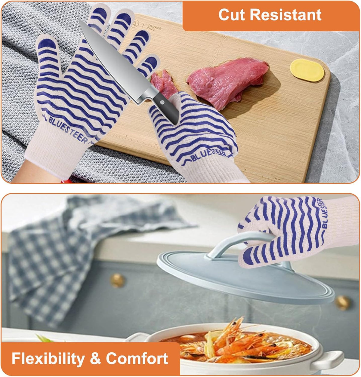 Oven Gloves 932°F Heat Resistant Oven Mitts with Fingers, Heat Proof BBQ Grill Gloves Silicone Grip